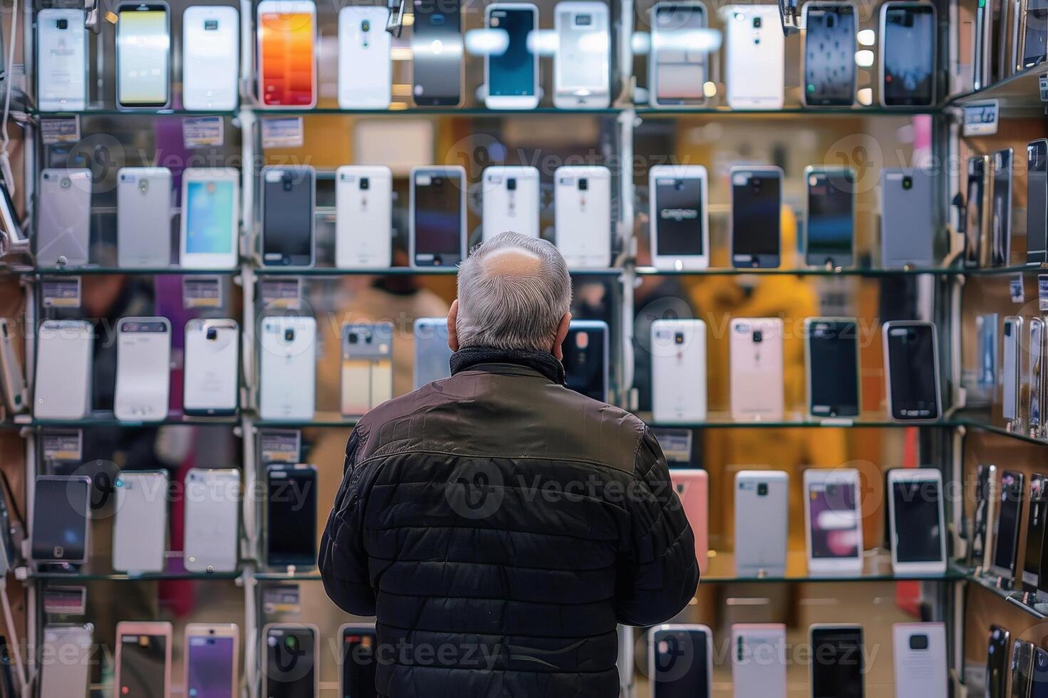 A pensioner stands helplessly in a smartphone store with many new smartphone models. AI generate photo