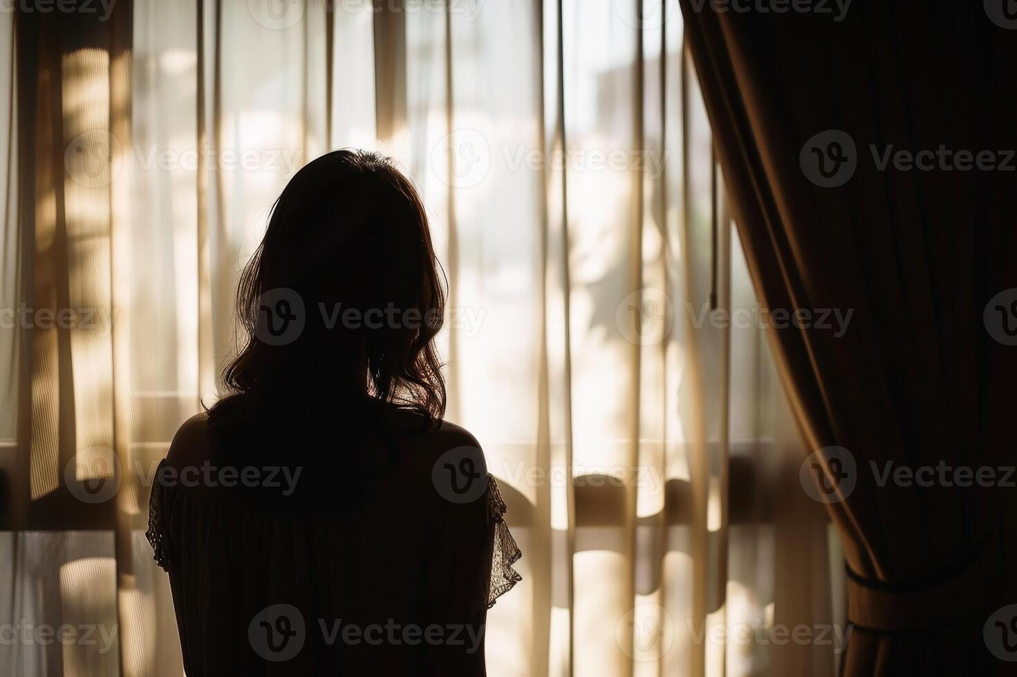 Silhouette of a woman against a window with sheer curtains softly filtering the sunlight. AI generate photo