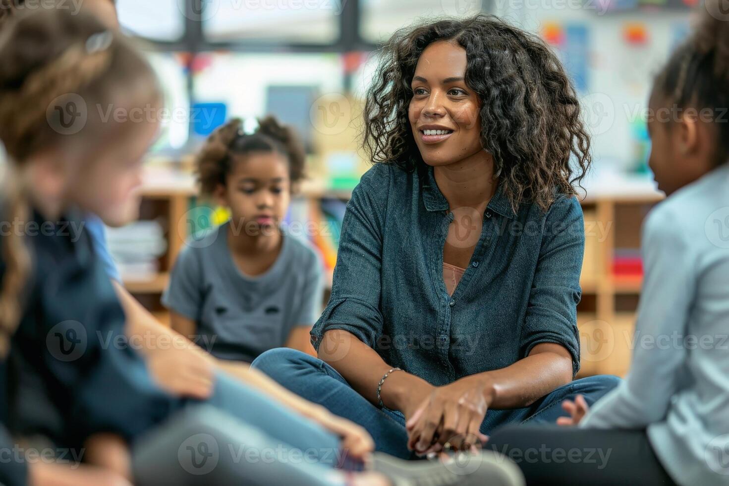 A passionate teacher leading a diverse classroom discussion. AI generate photo