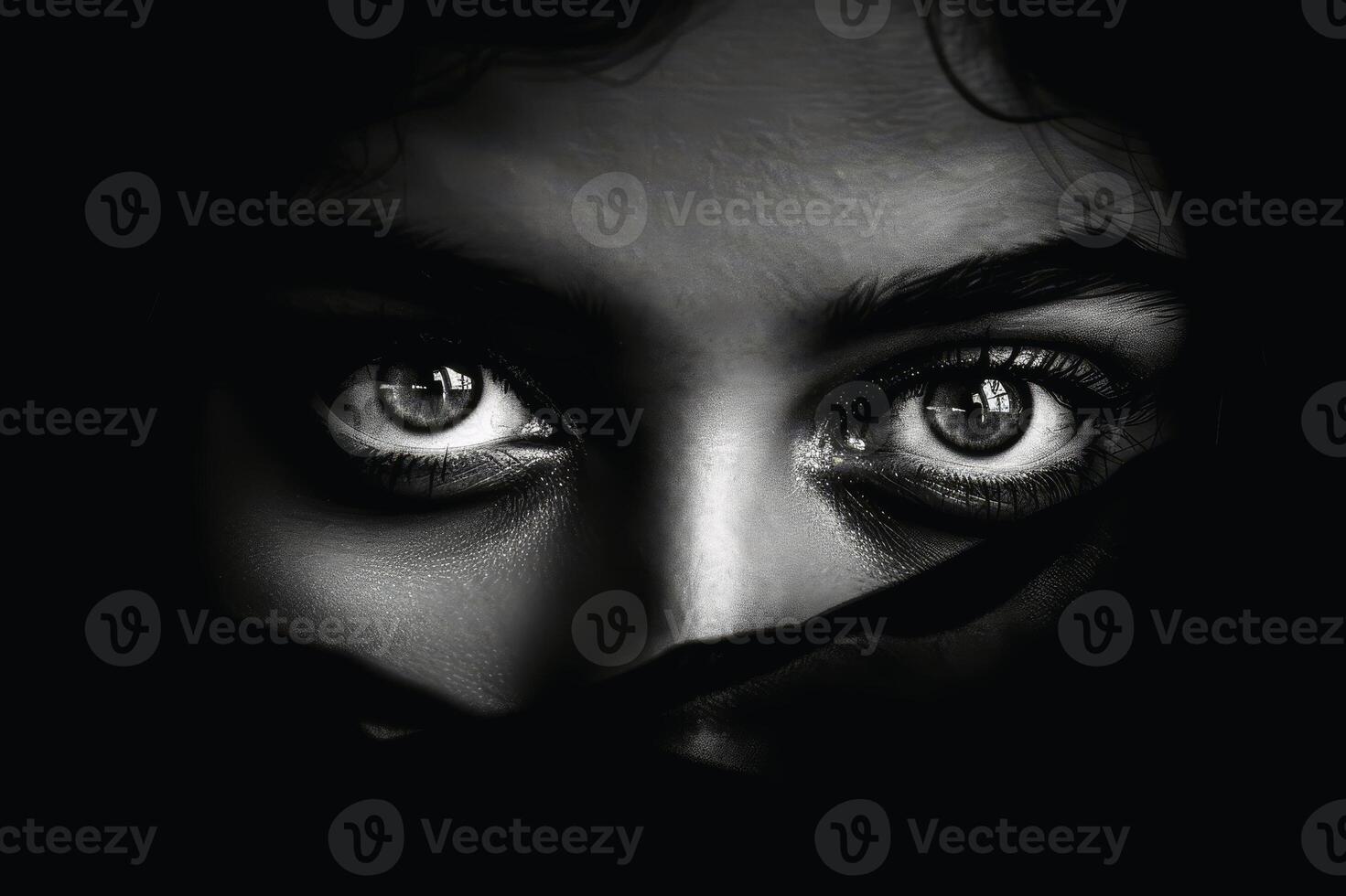 A pair of creepy eyes in the dark looking at you. AI generate photo