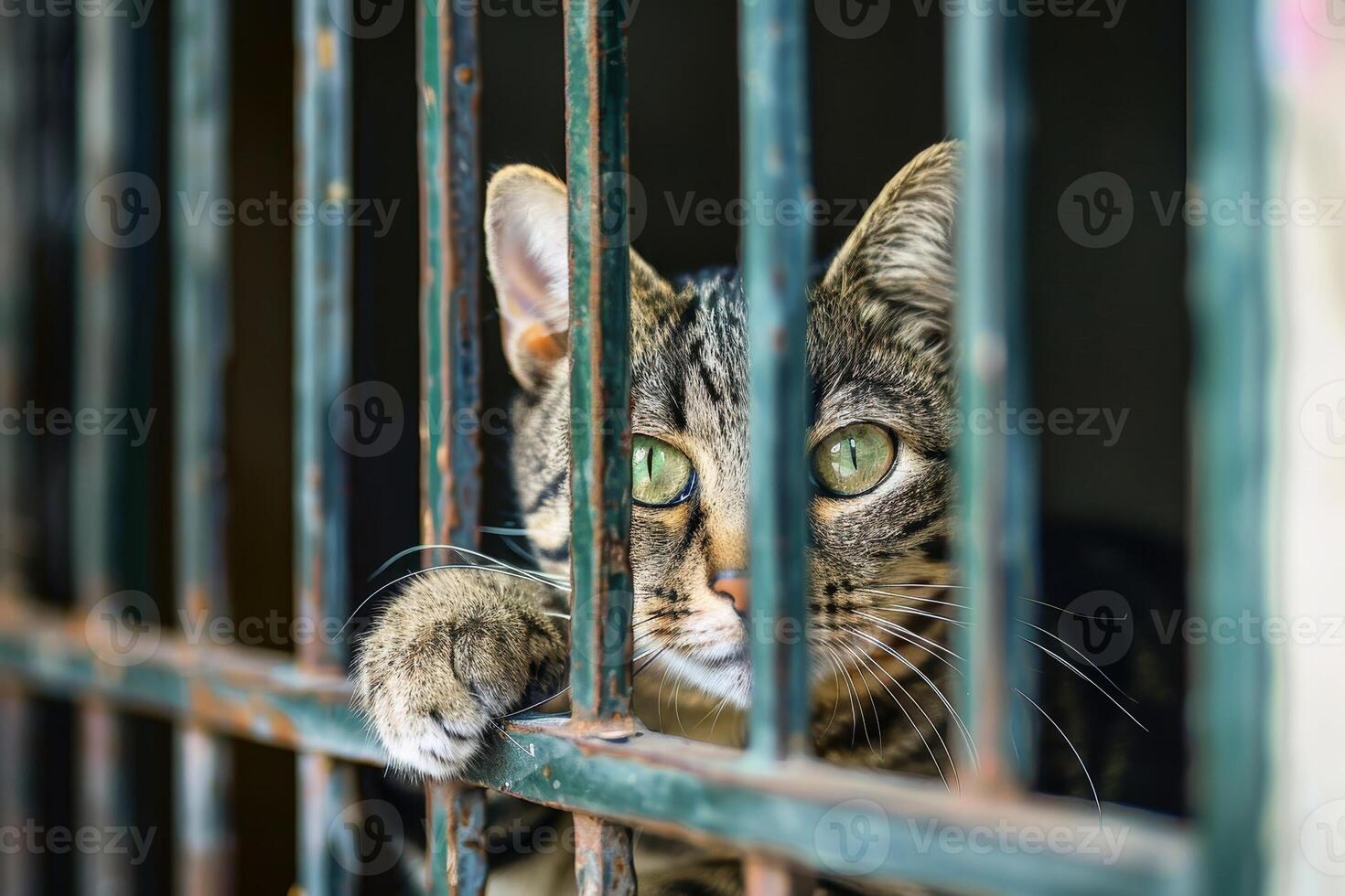 A cute cat behind bars in an animal shelter. AI generate photo