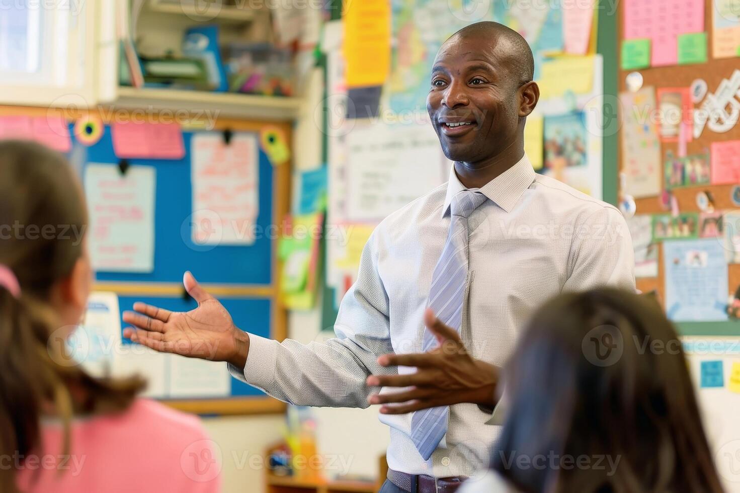 A passionate teacher leading a diverse classroom discussion. AI generate photo