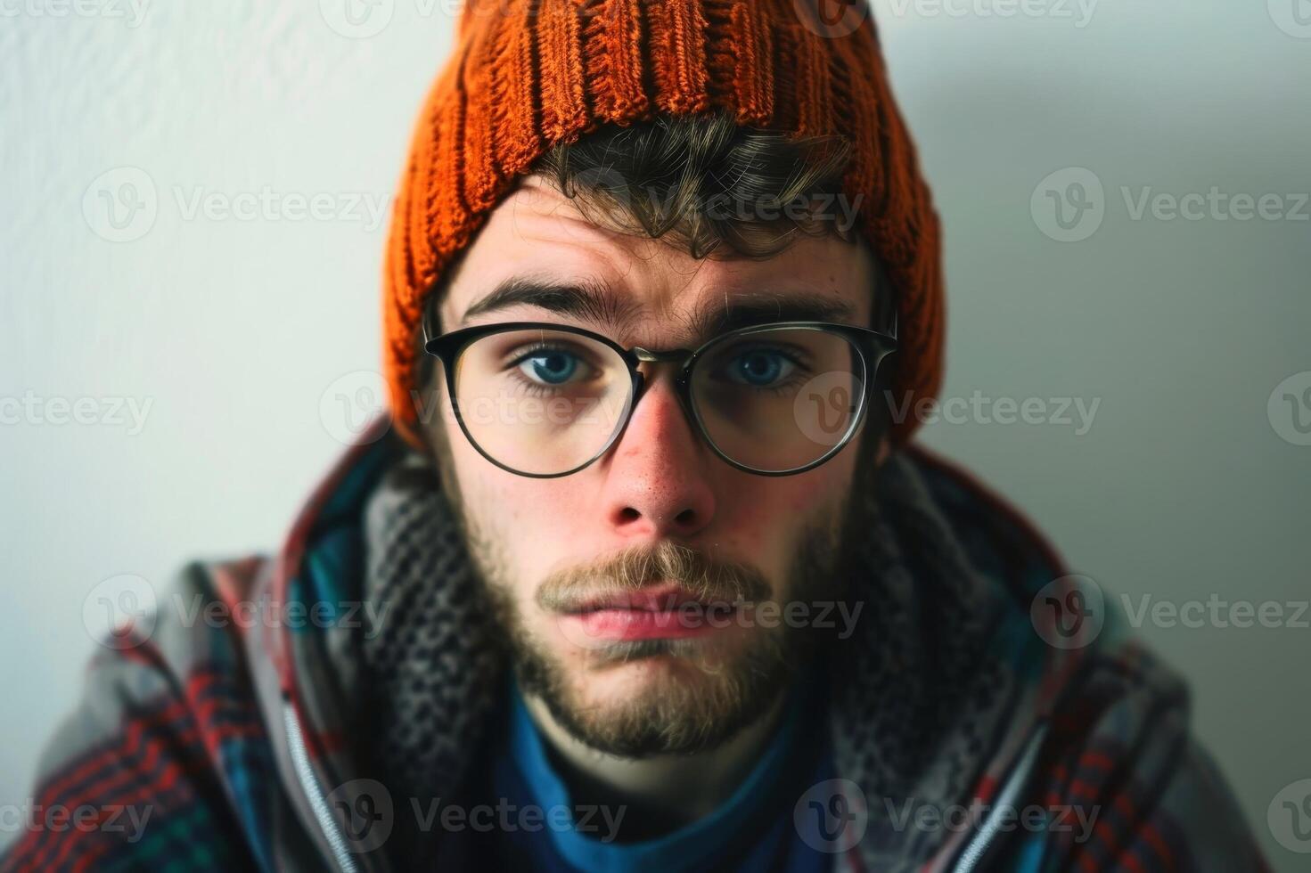 A clueless and stupid looking person looking into the camera. AI generate photo