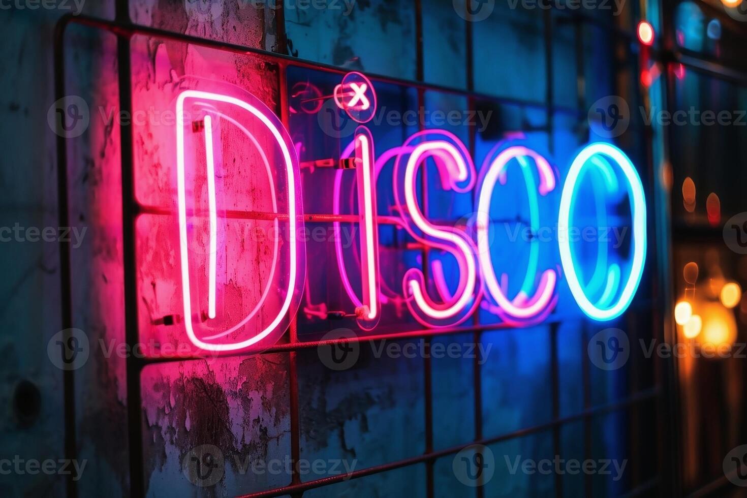 A colorful neon sign showing the word Disco on a wall of a club. AI generate photo
