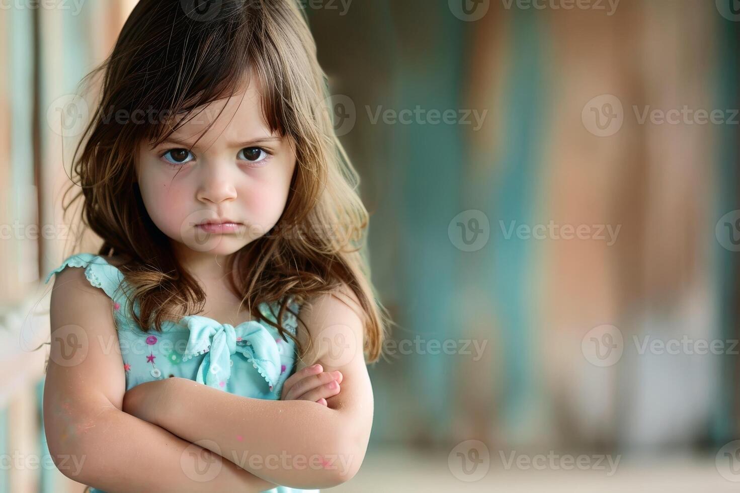 An offended little girl with her arms crossed. AI generate photo