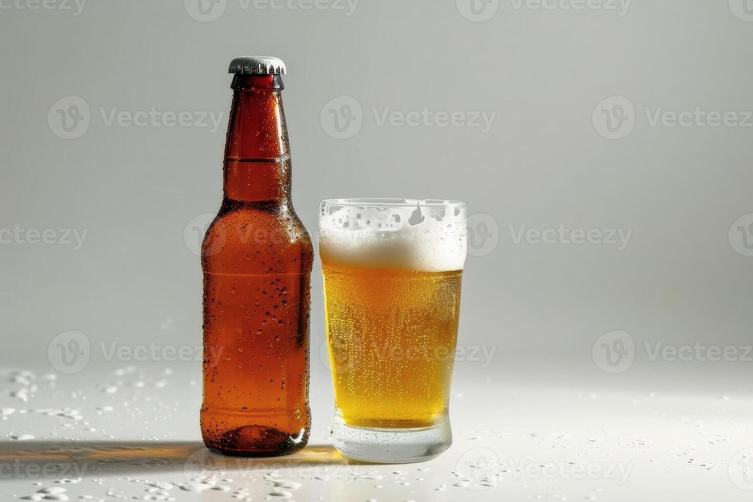 A bottle of beer and a filled glass on a white background. AI generate photo