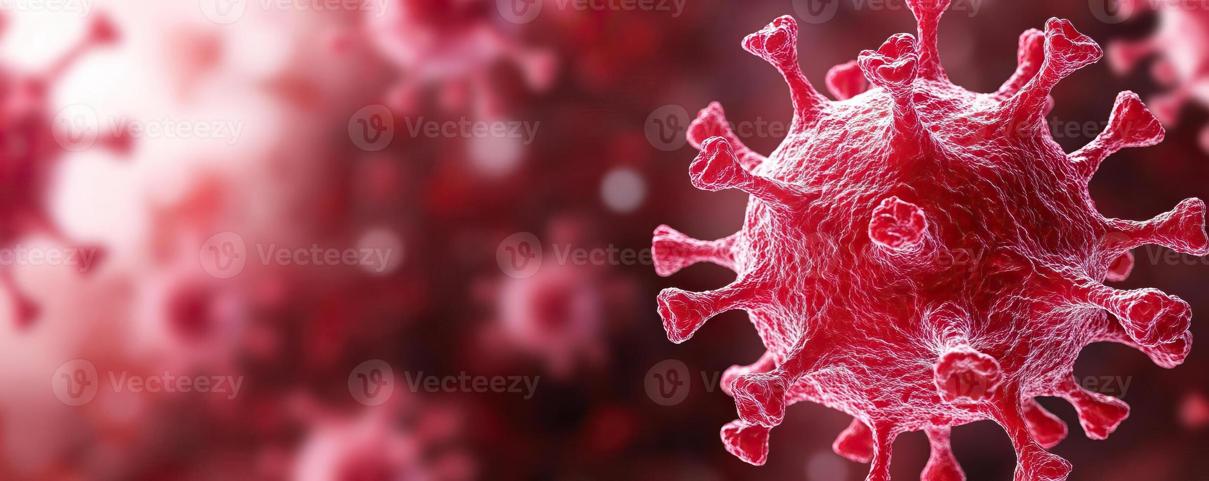 Close-up image of a red viral particle against a blurred abstract background, highlighting the texture and details of the virus surface photo