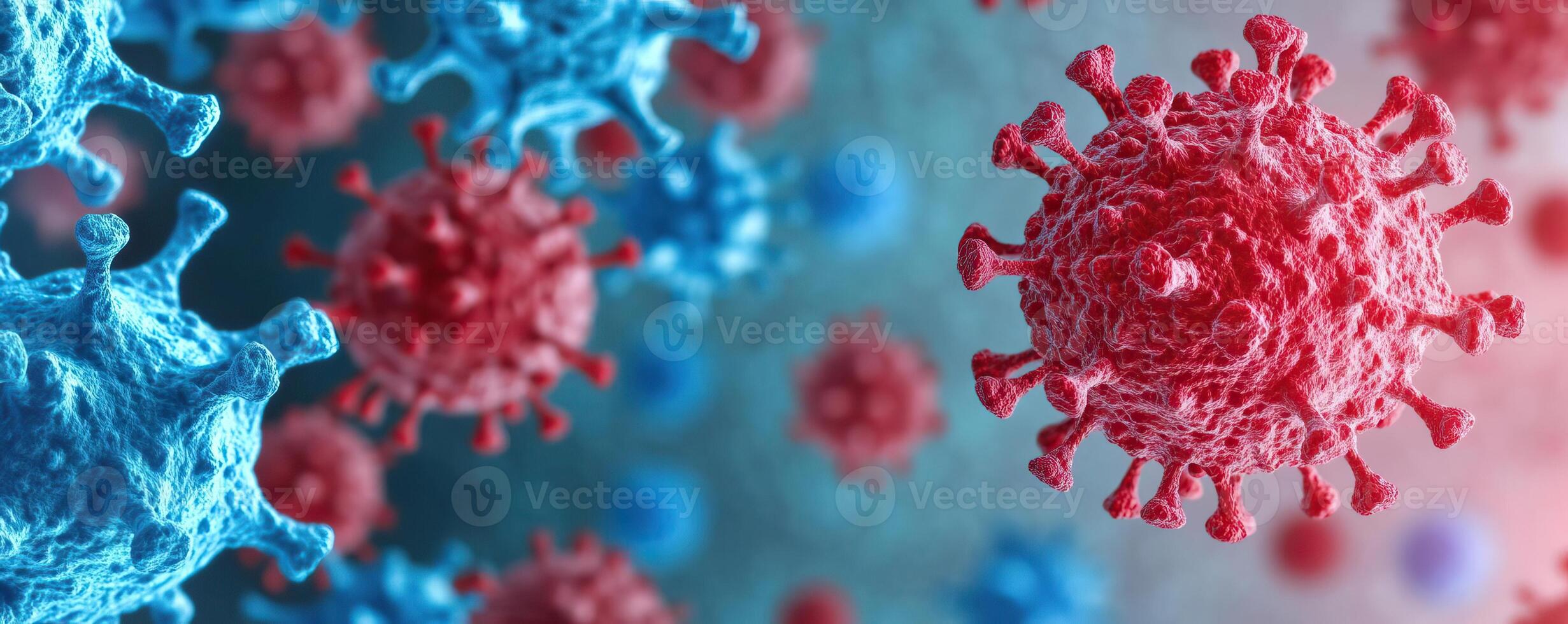 Abstract medical concept image of a red virus particle surrounded by blue and red cells on a gradient abstract background, highlighting themes of infection and defense photo