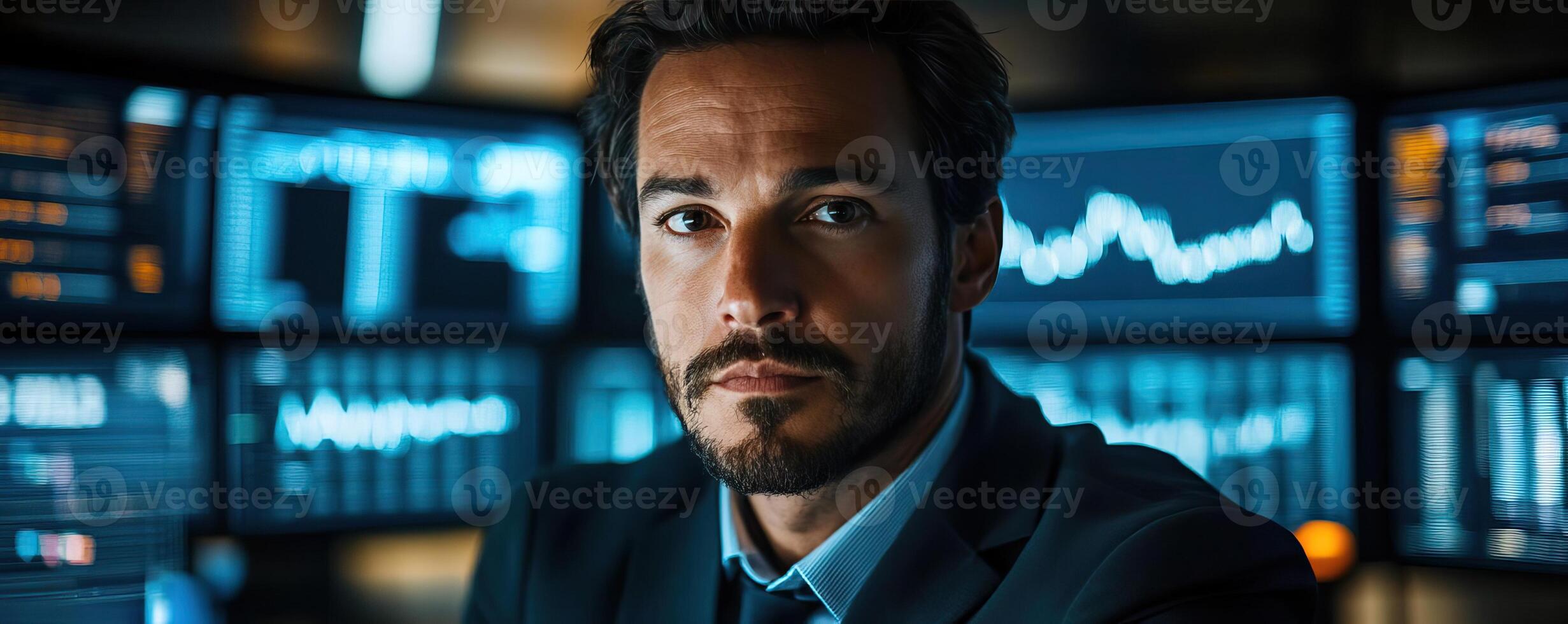 A handsome trader stands at his desk analyzing high definition computer monitors orderly displaying price action and order flow He is zen, a master of meditation and visualization photo