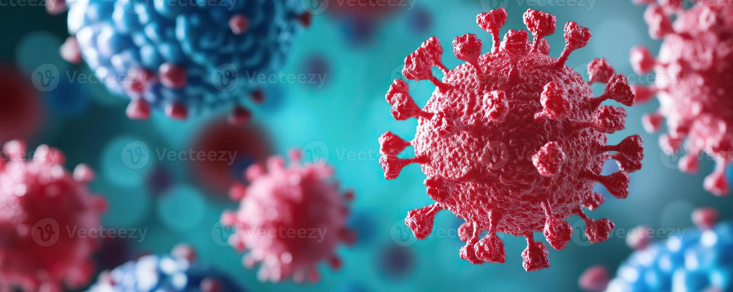 Abstract medical concept image of a red virus particle surrounded by blue and red cells on a gradient abstract background, highlighting themes of infection and defense photo