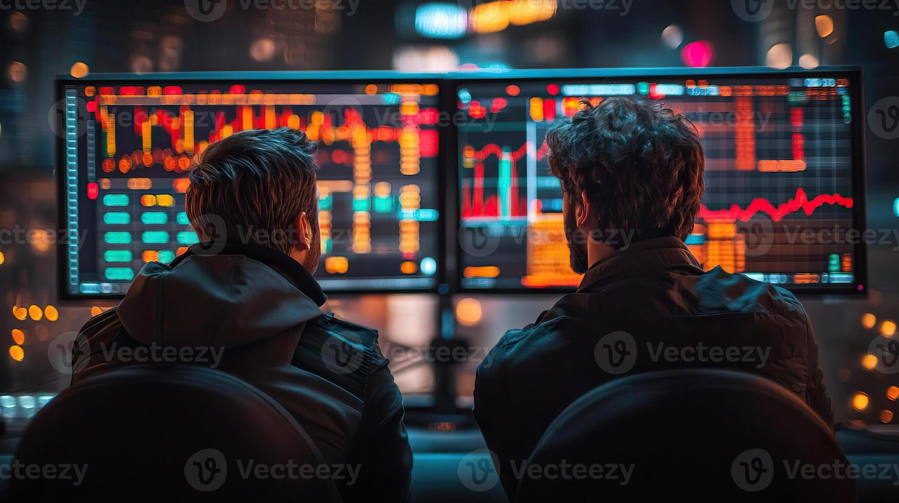 two men sitting in front of a monitor for stock market photo