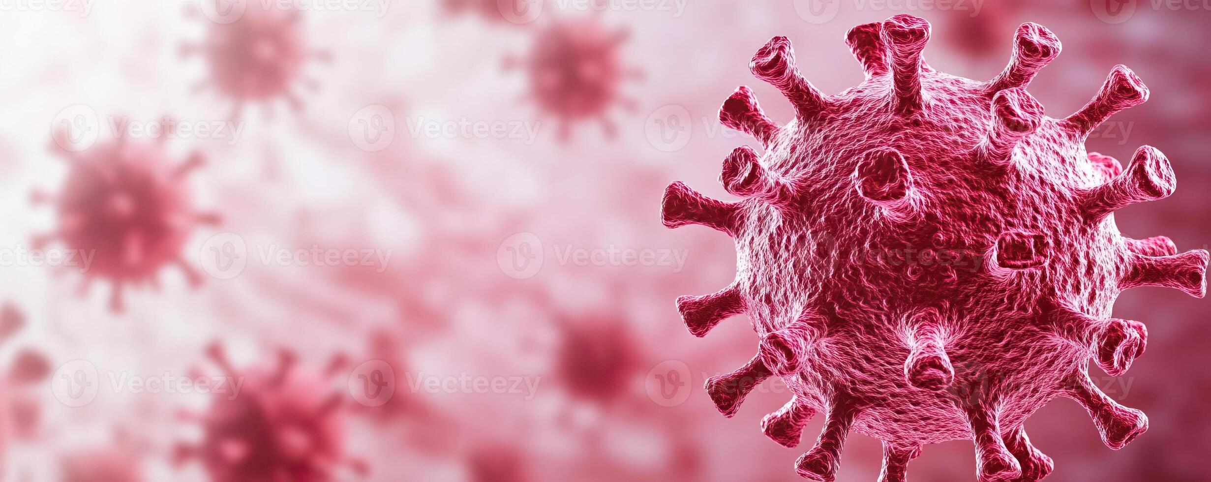 Close-up image of a red viral particle against a blurred abstract background, highlighting the texture and details of the virus surface photo