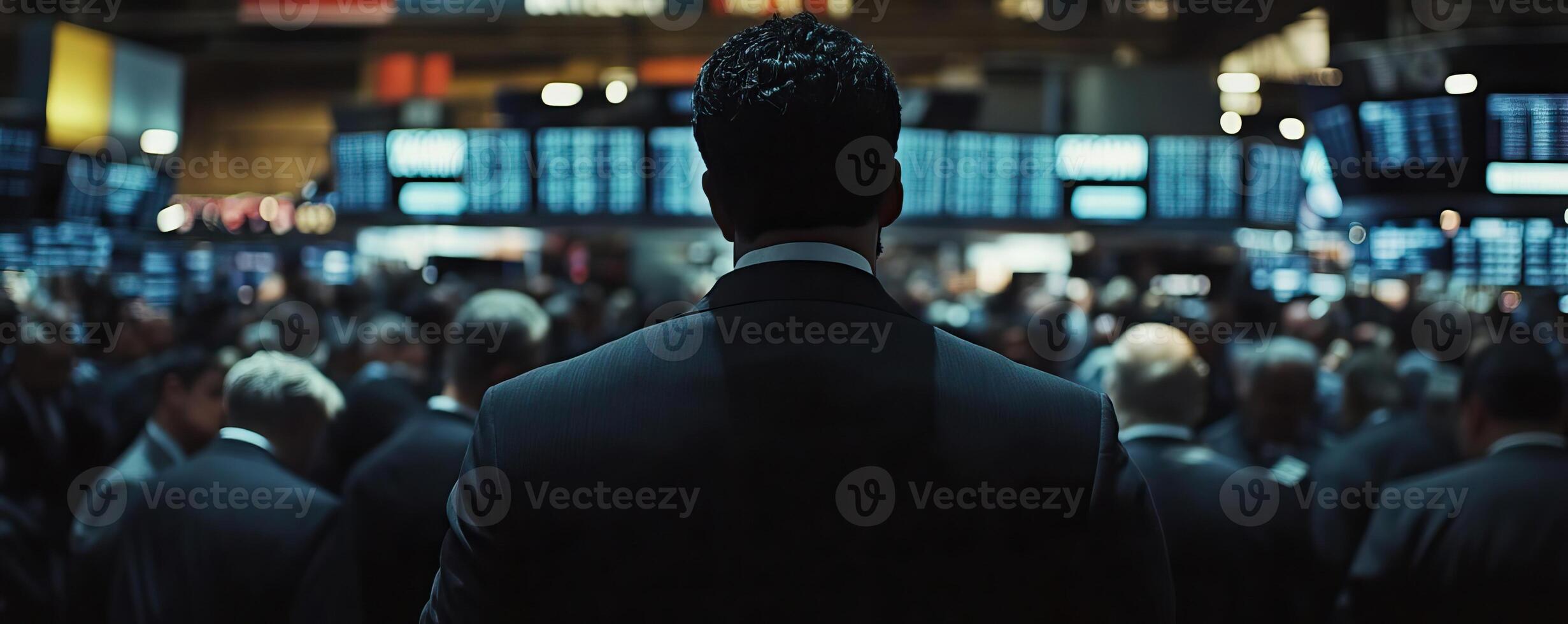 medium shot, cinematic, a trader wearing a suit seen from behind in the packed and rowdy pits of a busy stock exchange, shot by ARRIFLEX 35 BL camera, Canon K 35 Prime Lenses, 70mm photo