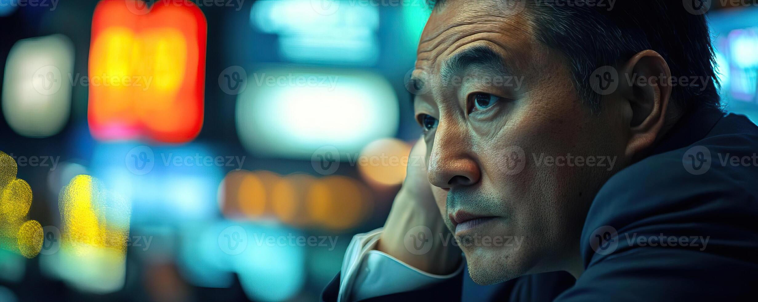 asian stock trader at nyse, leaning against the angle photo