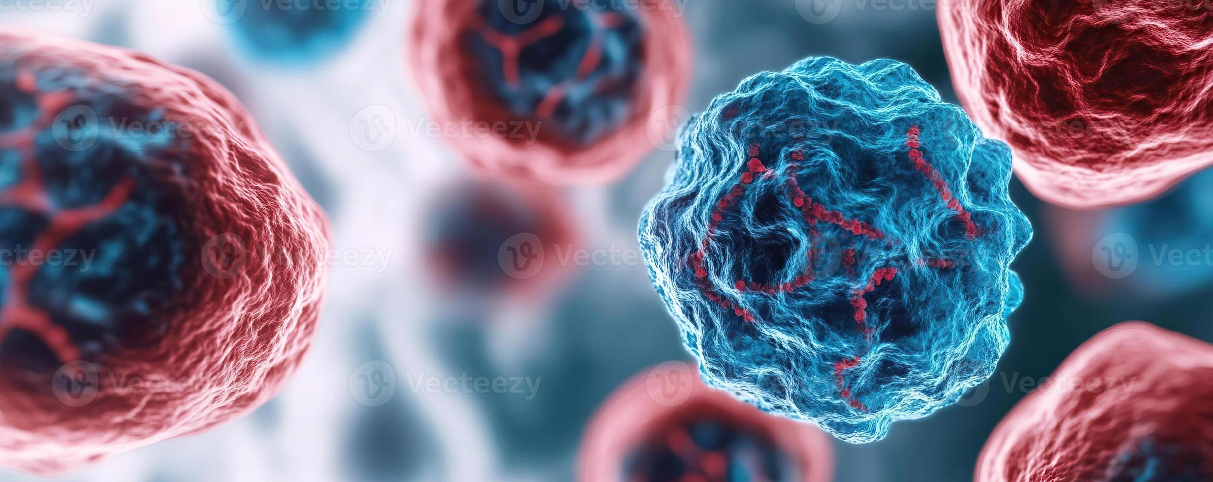Dynamic microscopic scene showing blue and red cells floating in a fluid, abstract environment, illustrating cellular interaction and immune response photo