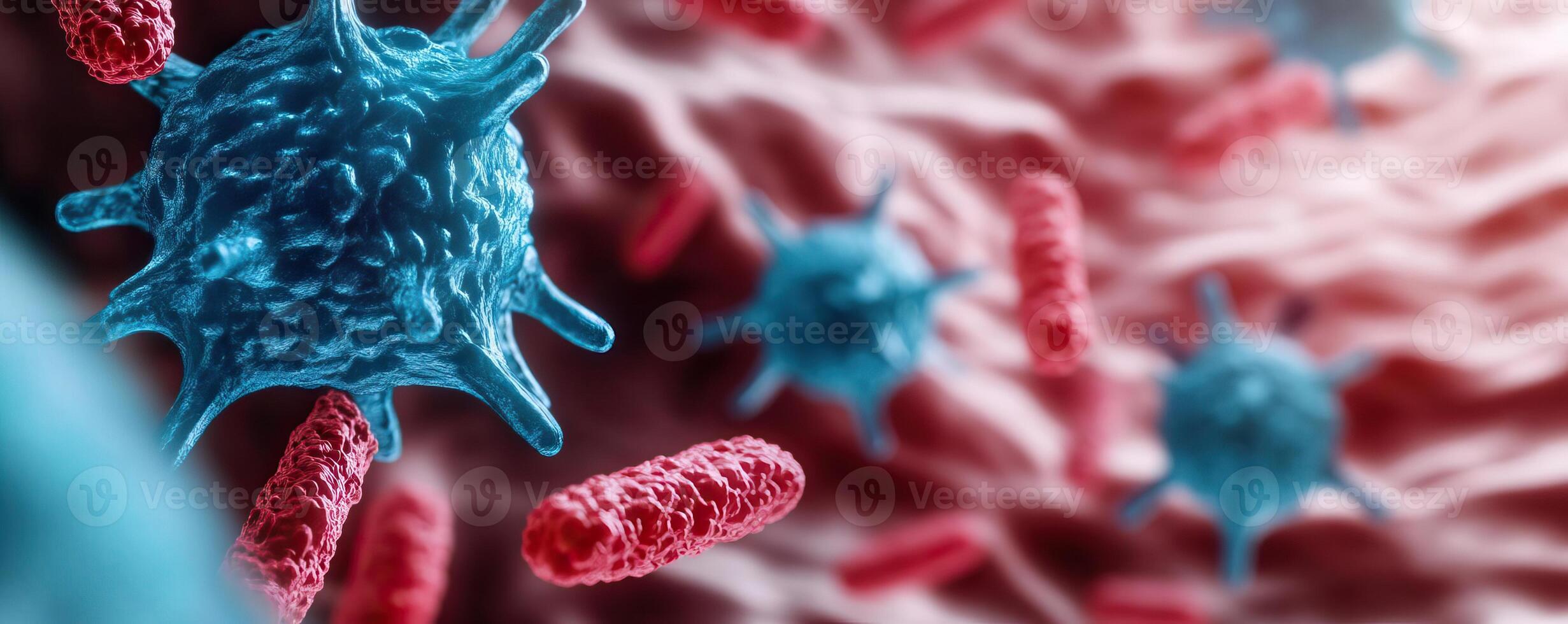 Dynamic microscopic scene showing blue and red cells floating in a fluid, abstract environment, illustrating cellular interaction and immune response photo