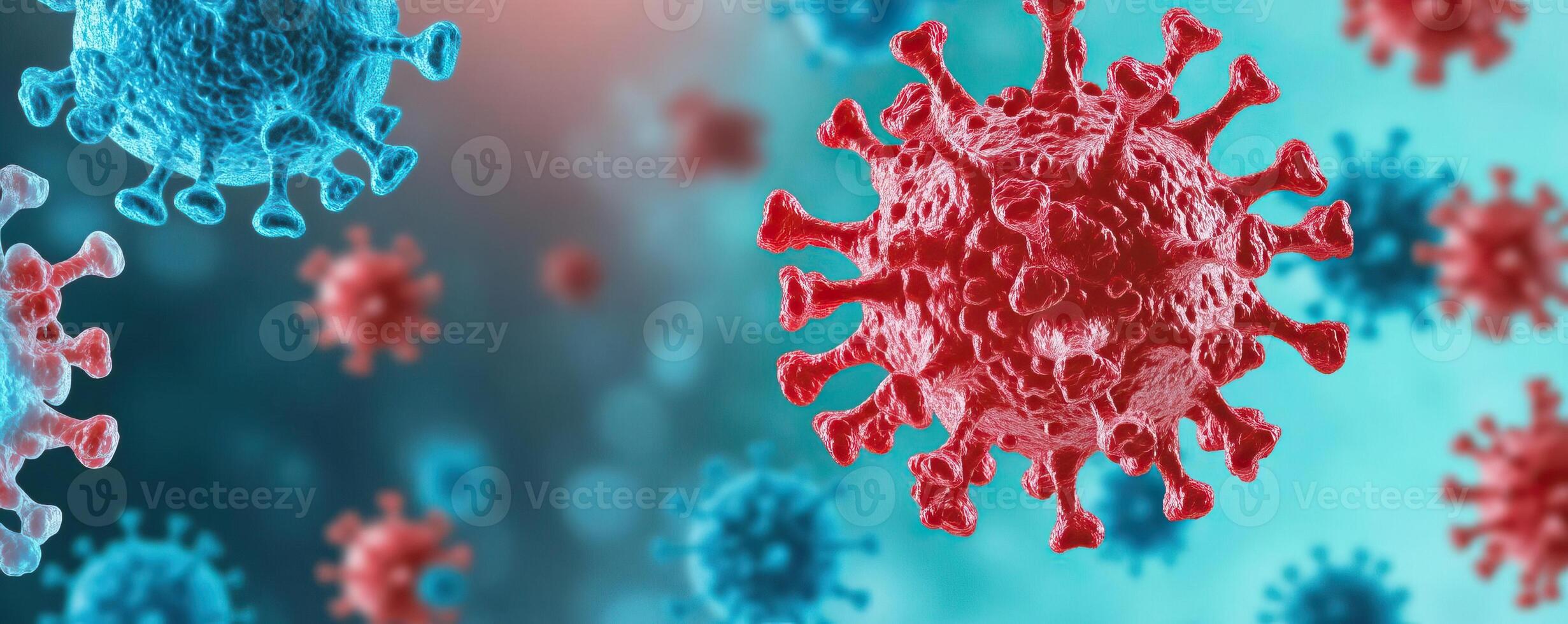 Abstract medical concept image of a red virus particle surrounded by blue and red cells on a gradient abstract background, highlighting themes of infection and defense photo