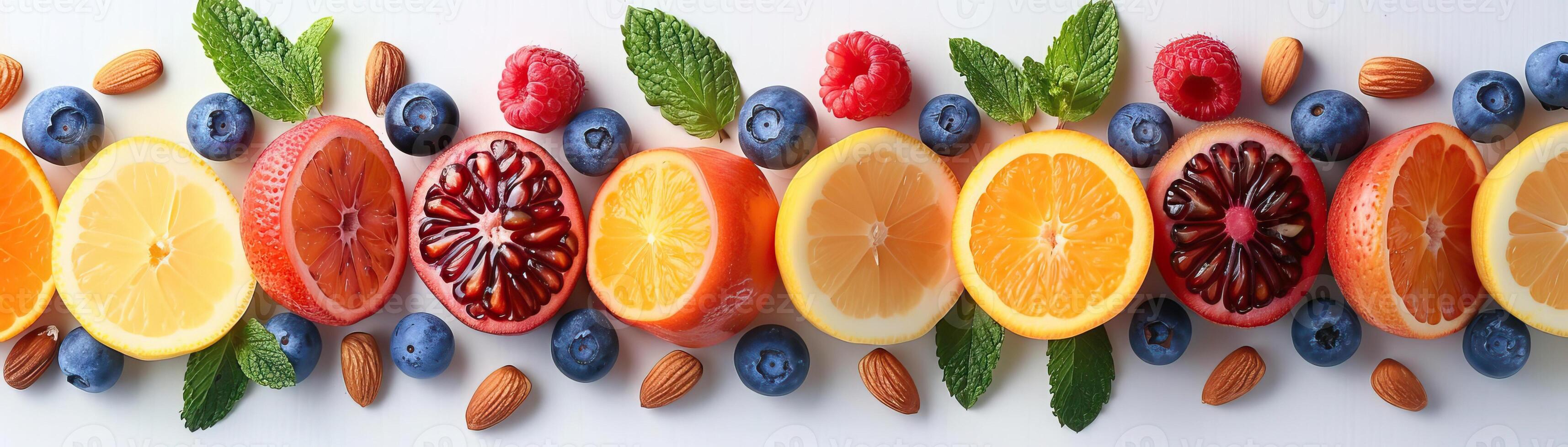 A minimalist composition of various fresh fruit slices and nuts, neatly organized on a pristine white background, panoramic space above for copy. photo