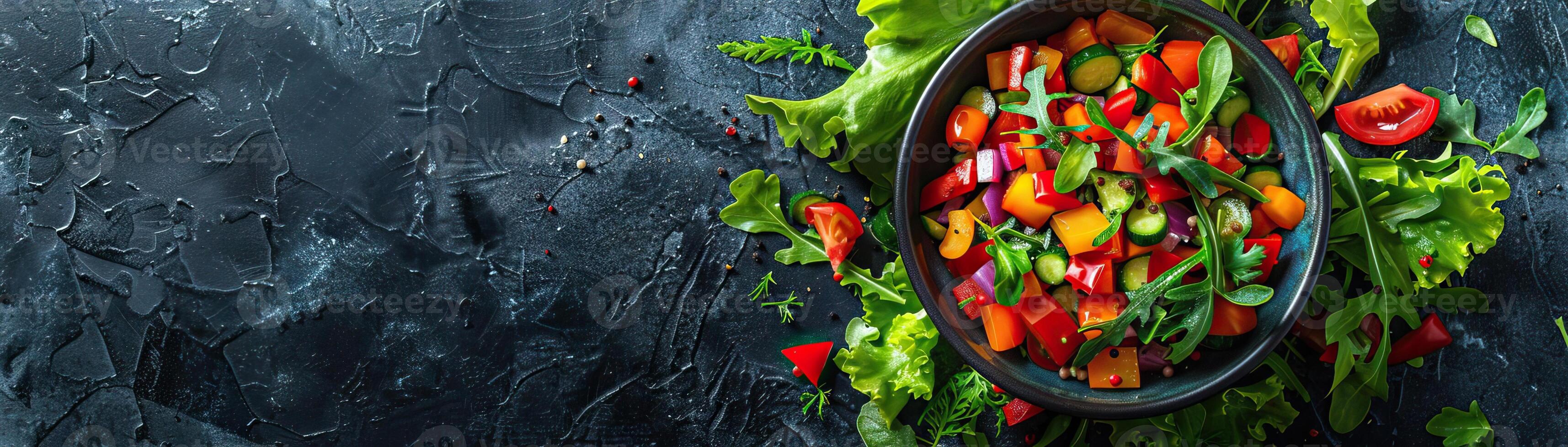 A minimalist composition of a bowl of mixed vegetables, vibrant colors against a dark, textured backdrop, panoramic space above for copy. photo