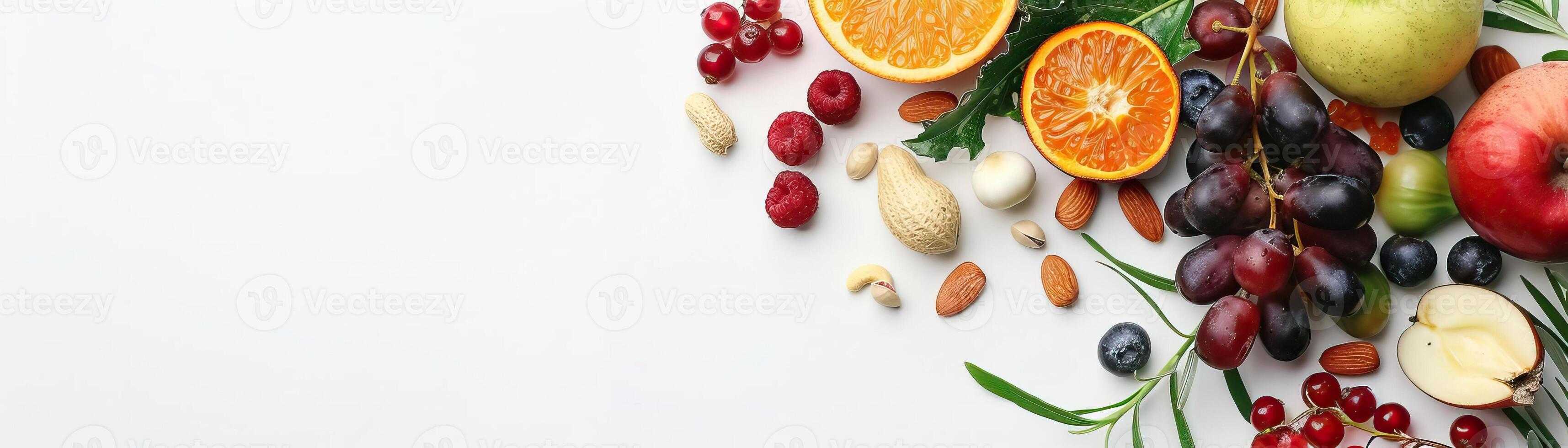 A minimalist, high-key setup with an assortment of fresh fruits and nuts, set against a crisp, white background, broad empty space on the right for promotional text. photo