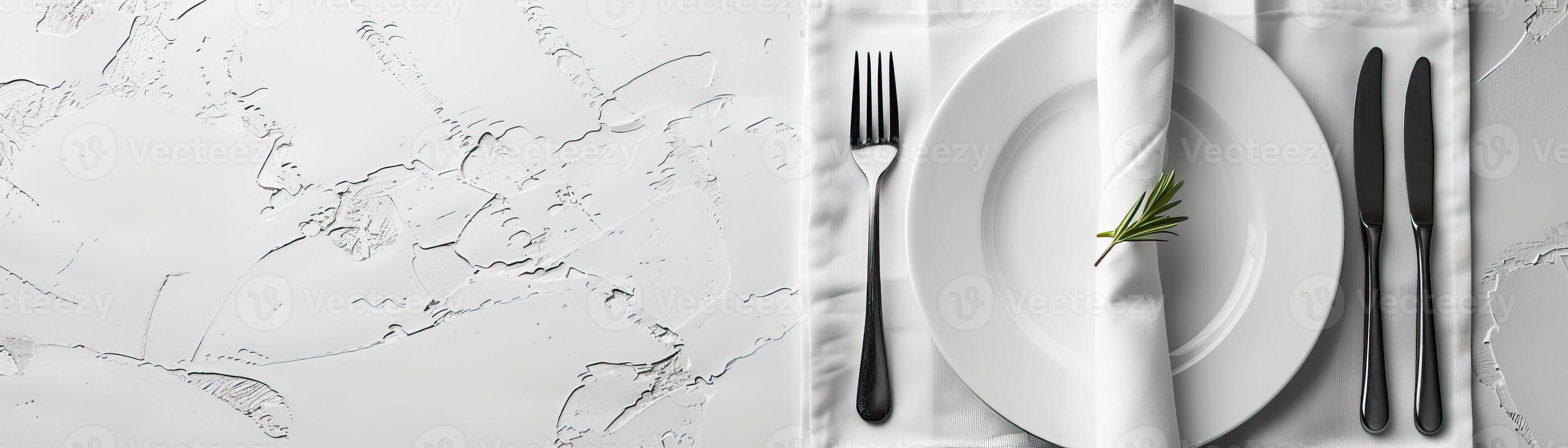 A minimalist, high-key setup with a plate, knife, and fork on a white napkin, set against a crisp, white background, broad empty space on the right for promotional text. photo