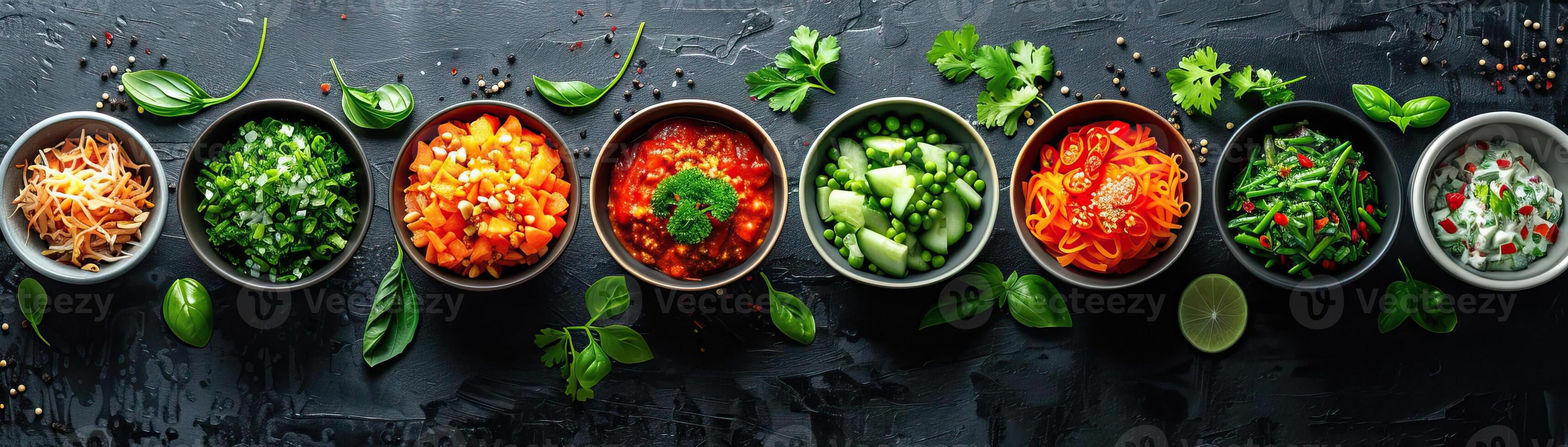 A minimalist composition featuring a symmetrical arrangement of Thai street food items, each dish placed in a small bowl on a sleek black surface, extensive space for copy on one s photo