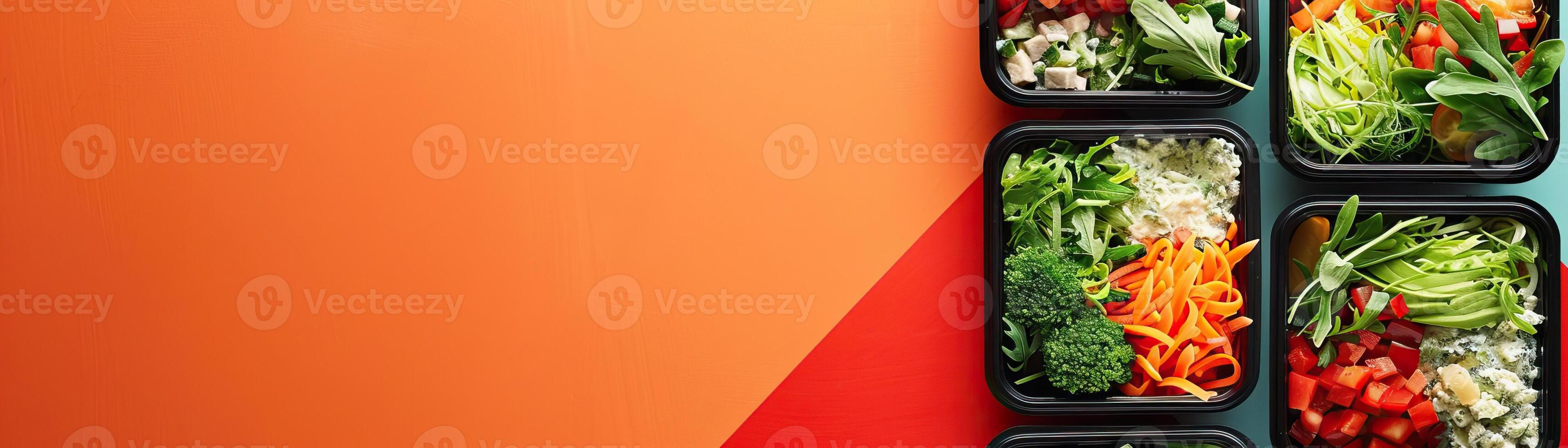 A minimalist, high-key setup with lunchboxes containing detox salads, set against a crisp, white background overlaid on a bright orange table, broad empty space on the right for pr photo