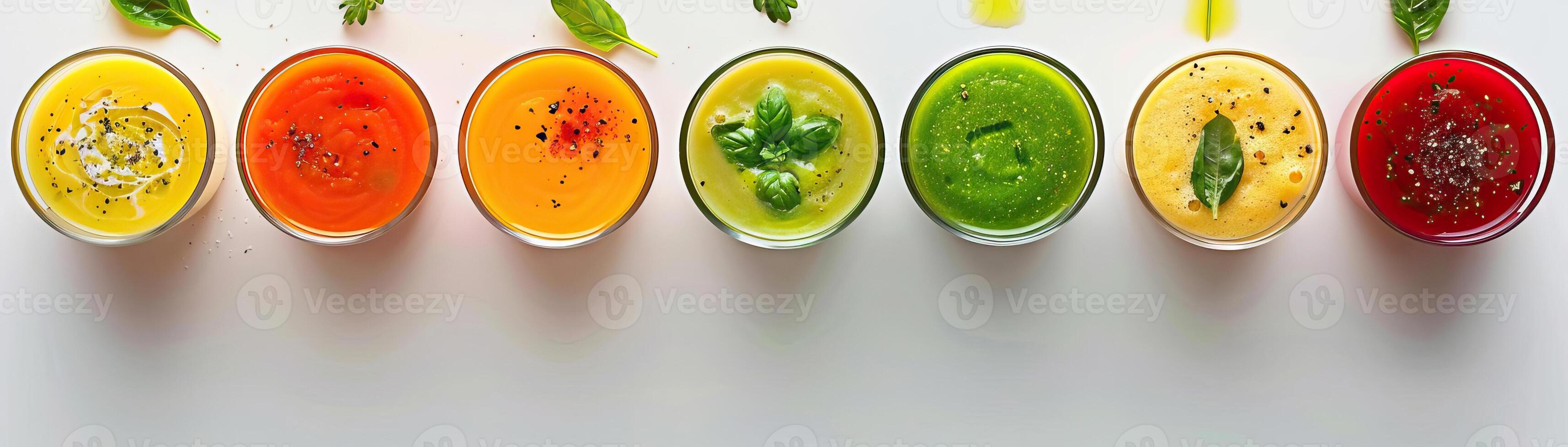A minimalist, high-key setup with a line of bright vegetable cream soups in tall shot glasses, set against a crisp, white background, broad empty space on the right for promotional photo