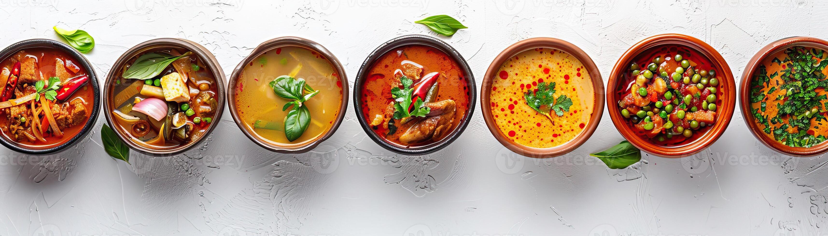 A minimalist, high-key setup with a selection of Thai curries, arranged in a diagonal line, each in a traditional clay pot, set against a crisp, white background, broad empty space photo