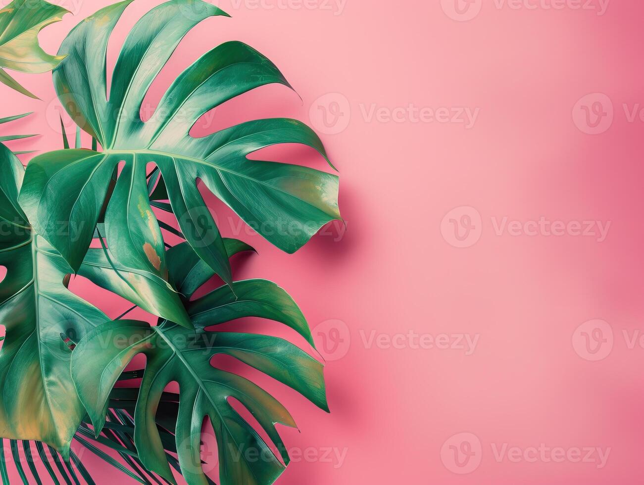 Lush green monstera leaves arranged on a vibrant pink background, highlighting their unique shapes and creating a tropical feel. photo