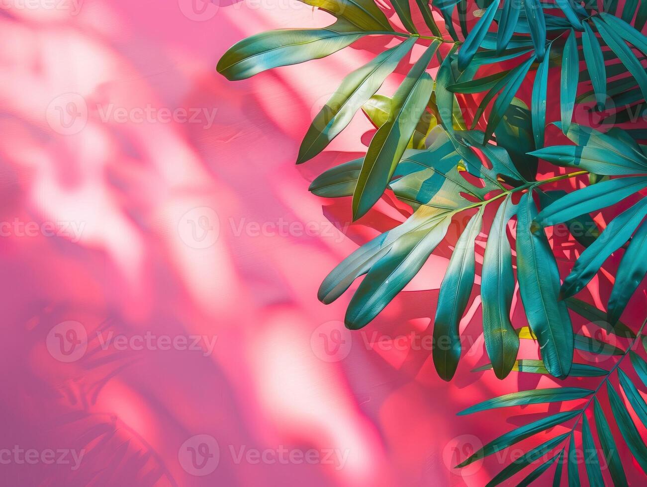 Vibrant green tropical leaves casting shadows on a bright pink background, creating a colorful and exotic atmosphere. photo