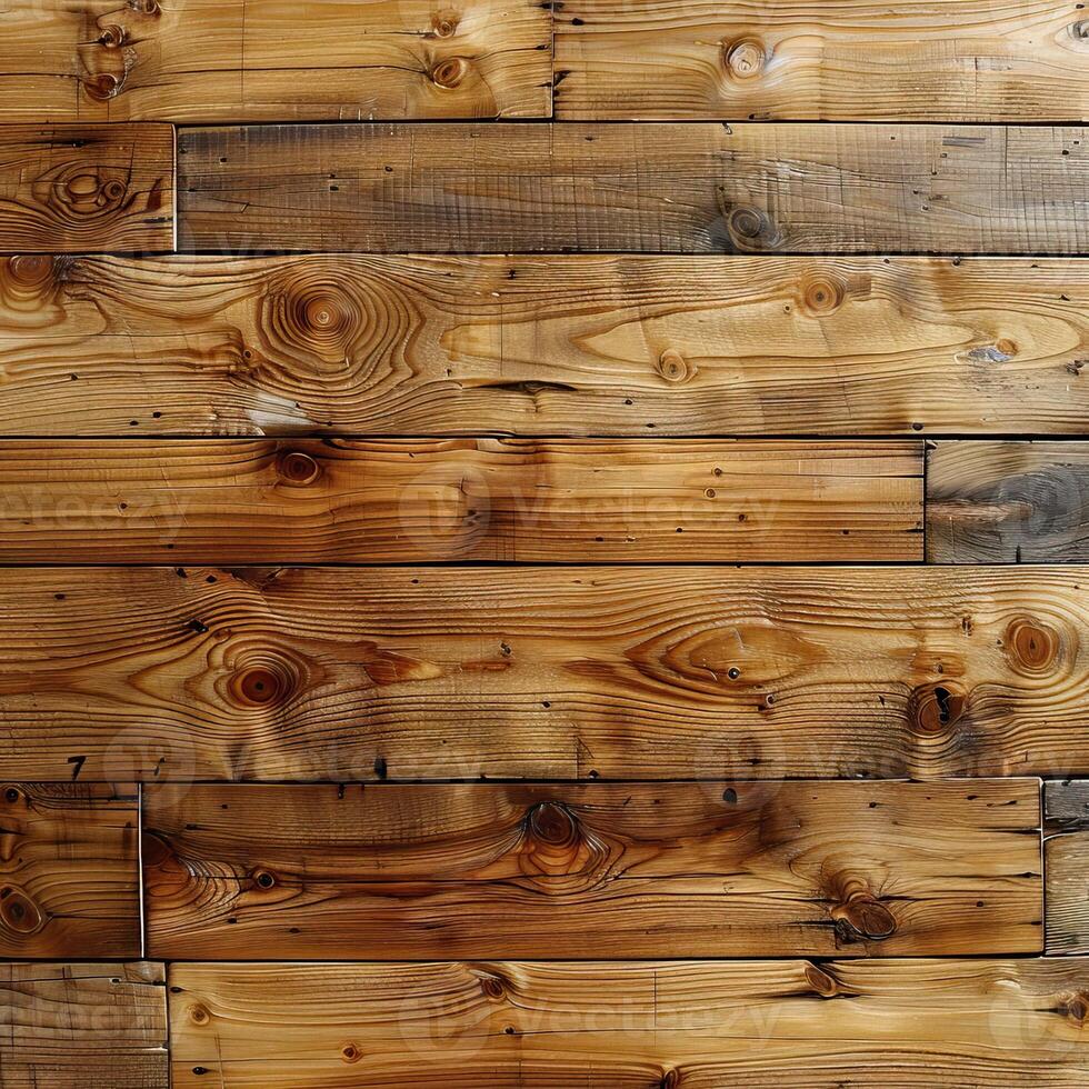 Detailed close-up of rustic wooden planks with natural grain and knots, perfect for backgrounds, textures, and vintage design themes. photo