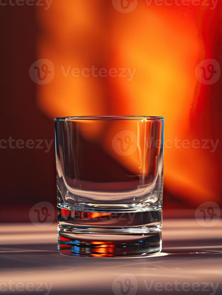 A clear empty glass positioned against a background of warm, glowing light reflections, creating a cozy and inviting atmosphere. photo