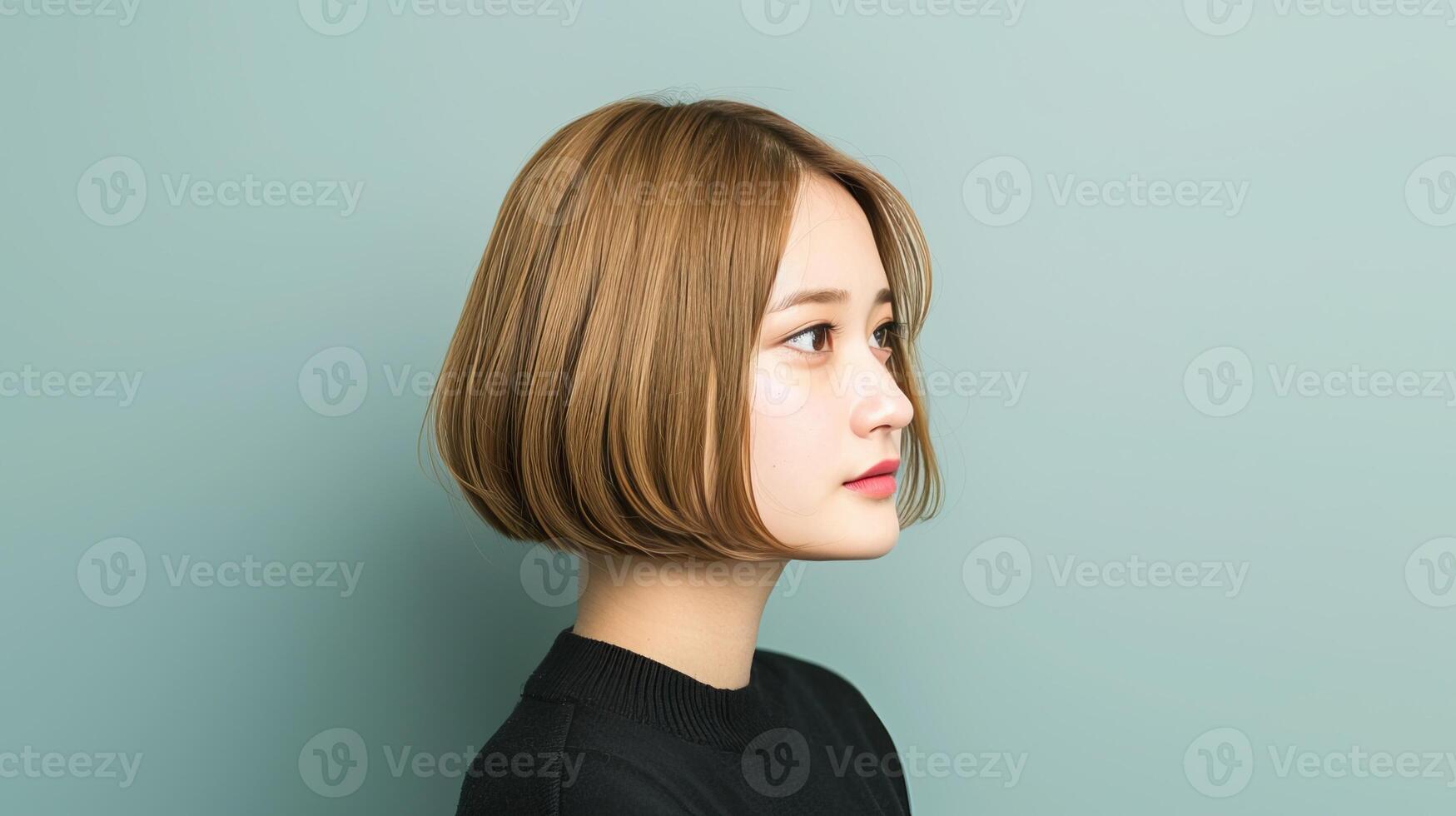 Side profile of a young woman with a short bob hairstyle against a soft pastel background, showcasing modern elegance. photo
