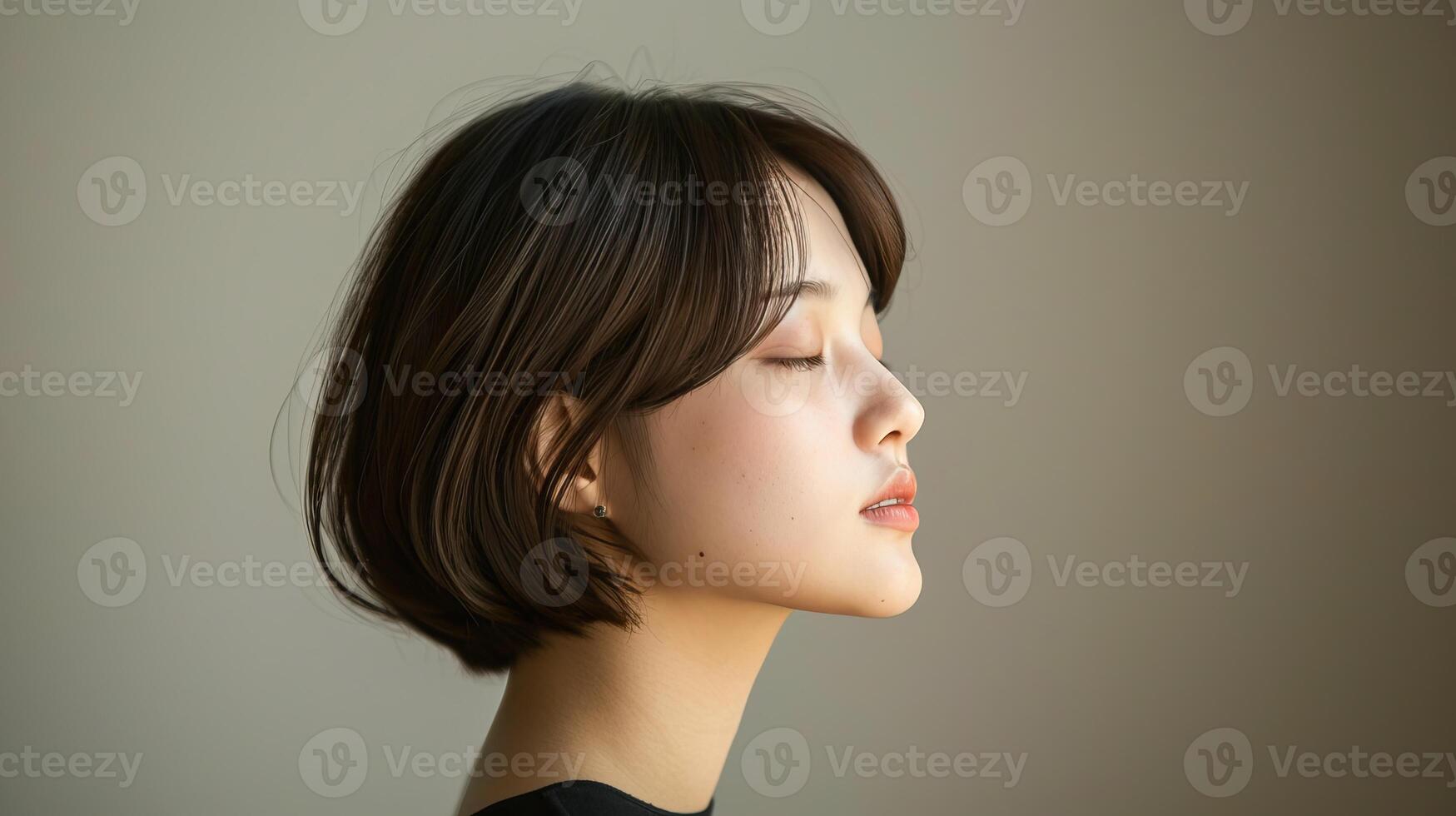 Side profile of a woman with short hair and closed eyes, exuding a sense of tranquility and calmness in soft lighting. photo