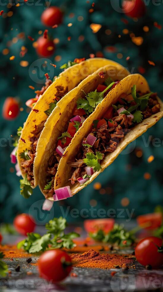 Close-up of three beef tacos filled with fresh vegetables, cilantro, and spices, capturing a vibrant and appetizing Mexican dish. photo
