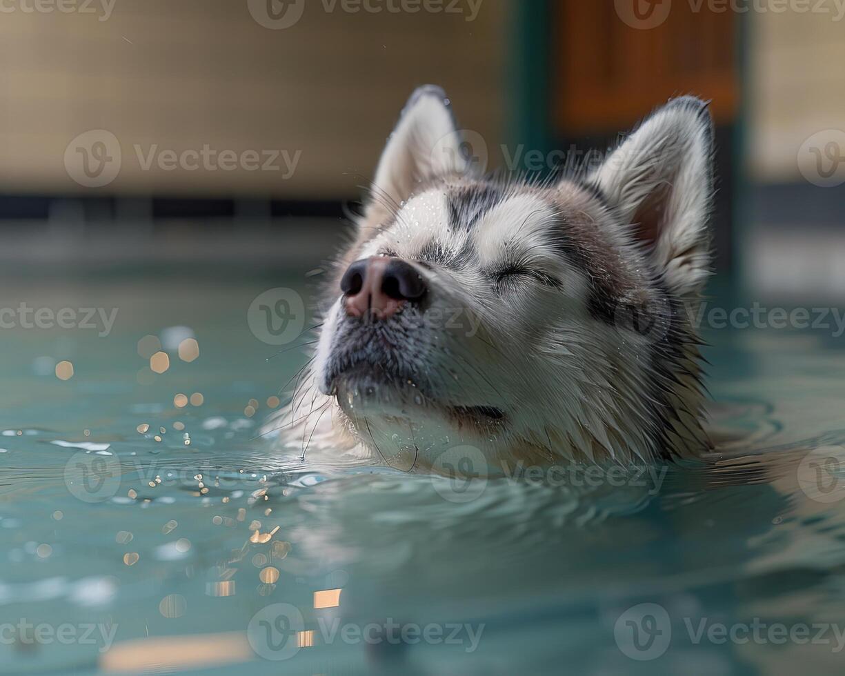 Close-up of a husky swimming in a pool with water reflections, capturing a serene moment at sunset. photo