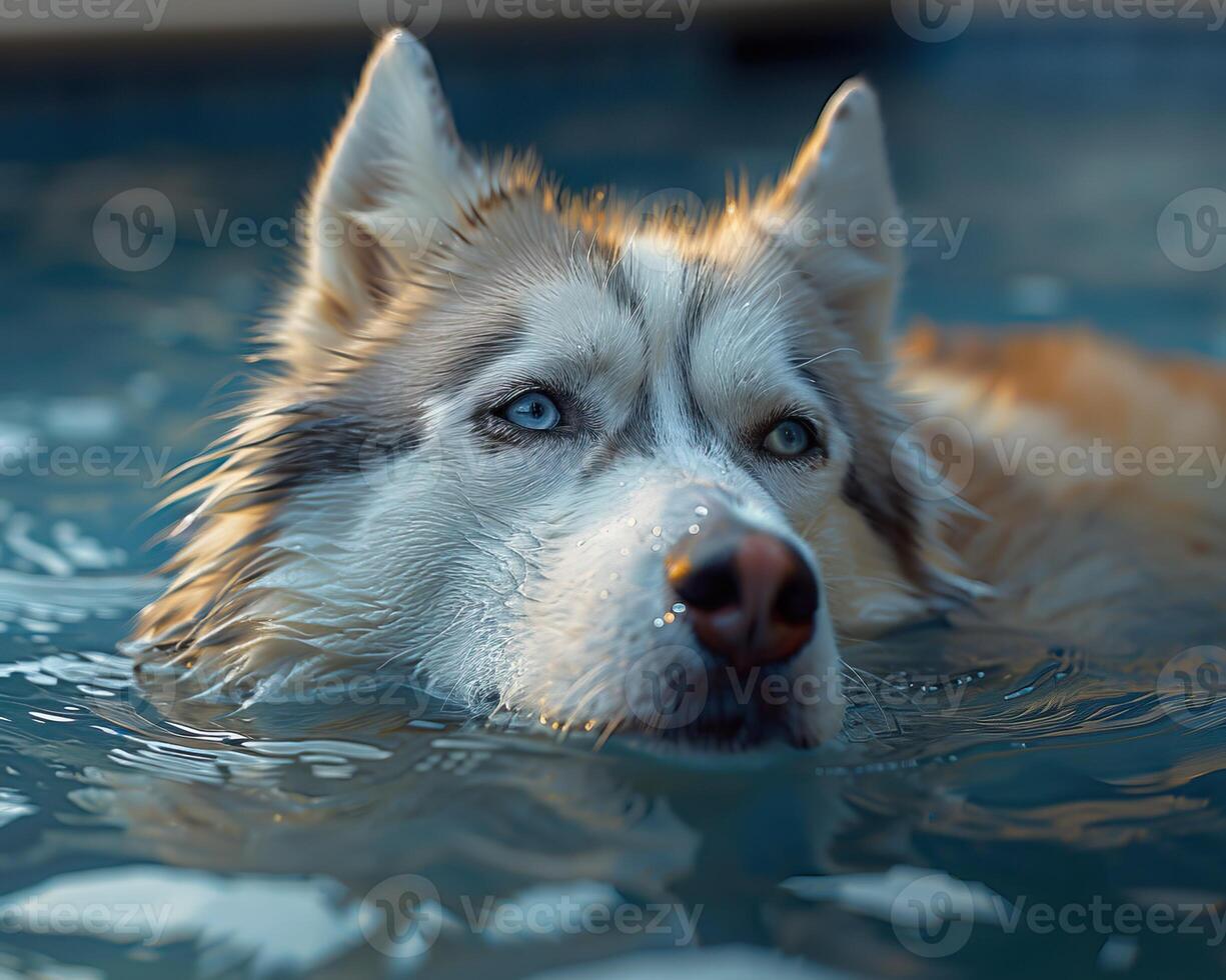 Close-up of a husky swimming in a pool with water reflections, capturing a serene moment at sunset. photo