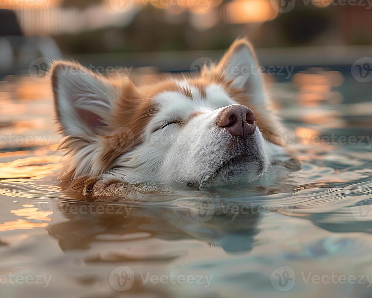 Close-up of a husky swimming in a pool with water reflections, capturing a serene moment at sunset. photo