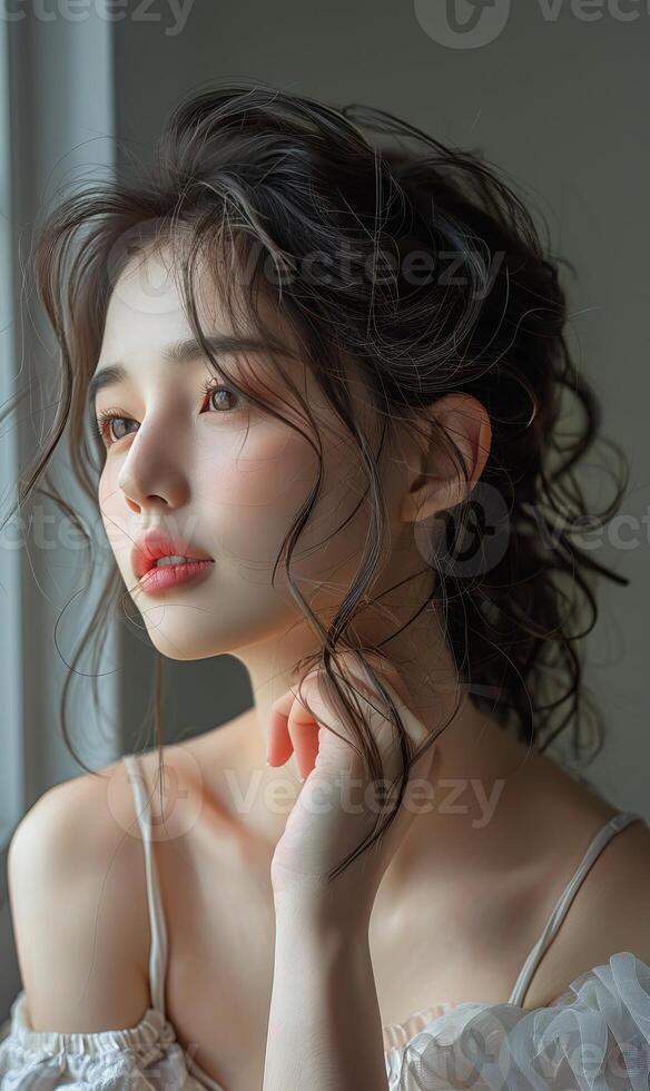 A close-up portrait of an elegant woman with wavy hair, illuminated by natural light, showcasing her glowing skin and red lips. photo