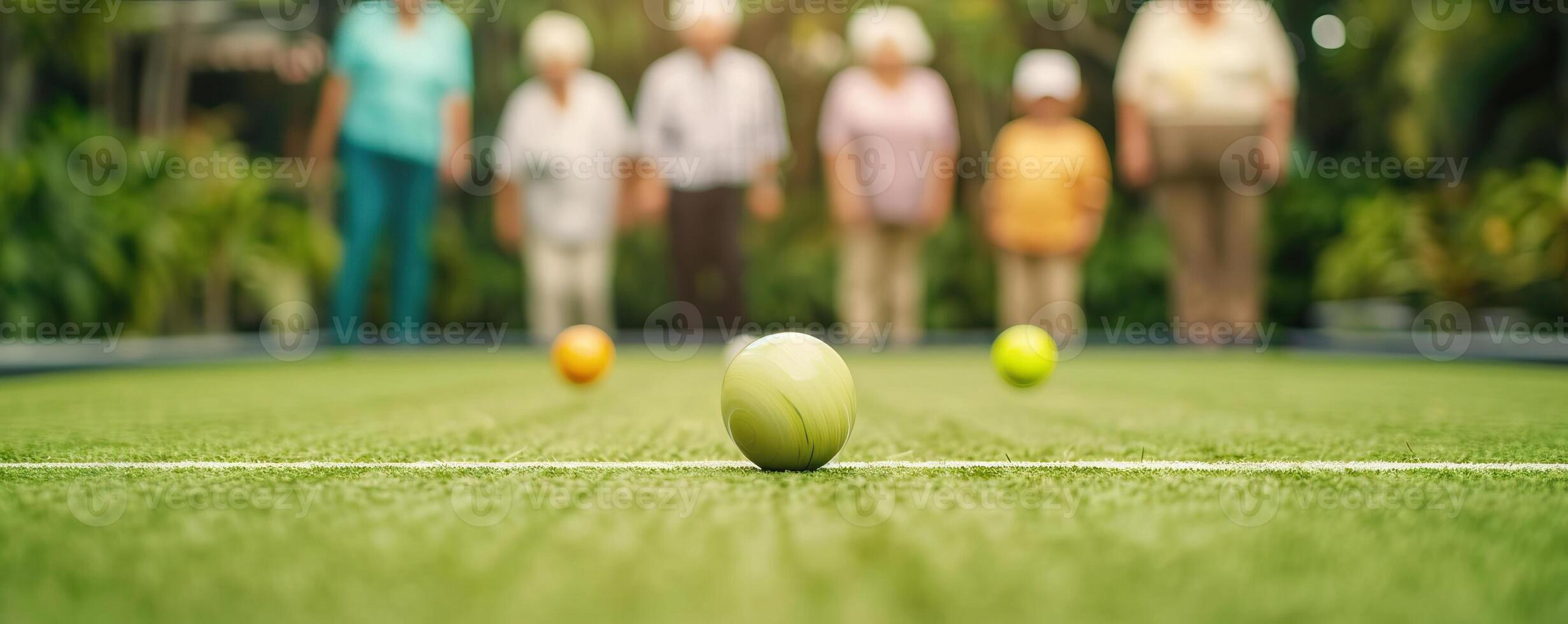 Elderly group enjoying a game of lawn bowls, bright and lively atmosphere, fun physical activity, wellness concept, empty copy space on the right photo