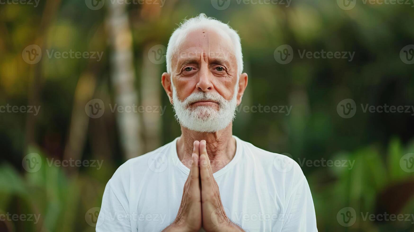 Elderly man in yoga pose, calm and focused expression, wellness concept, natural background, empty space for text on left photo