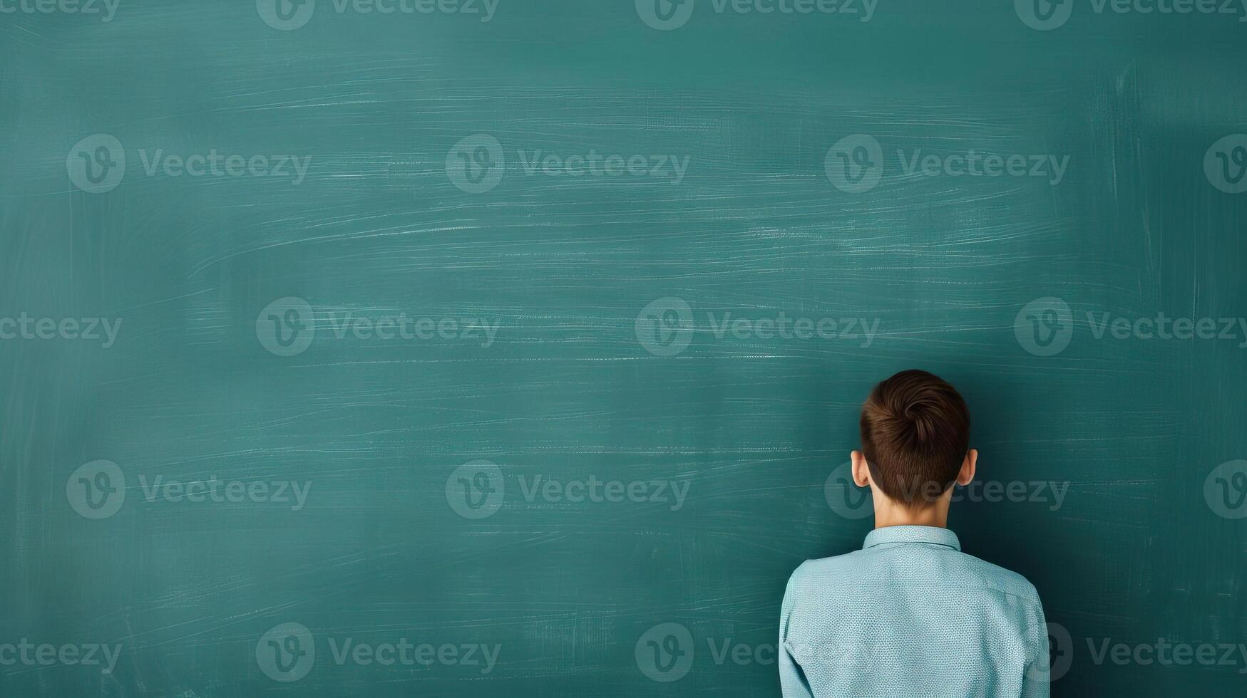 Engaged student taking notes in front of a chalkboard, learning and curriculum, education concept, editorial shot, empty space for text on side photo