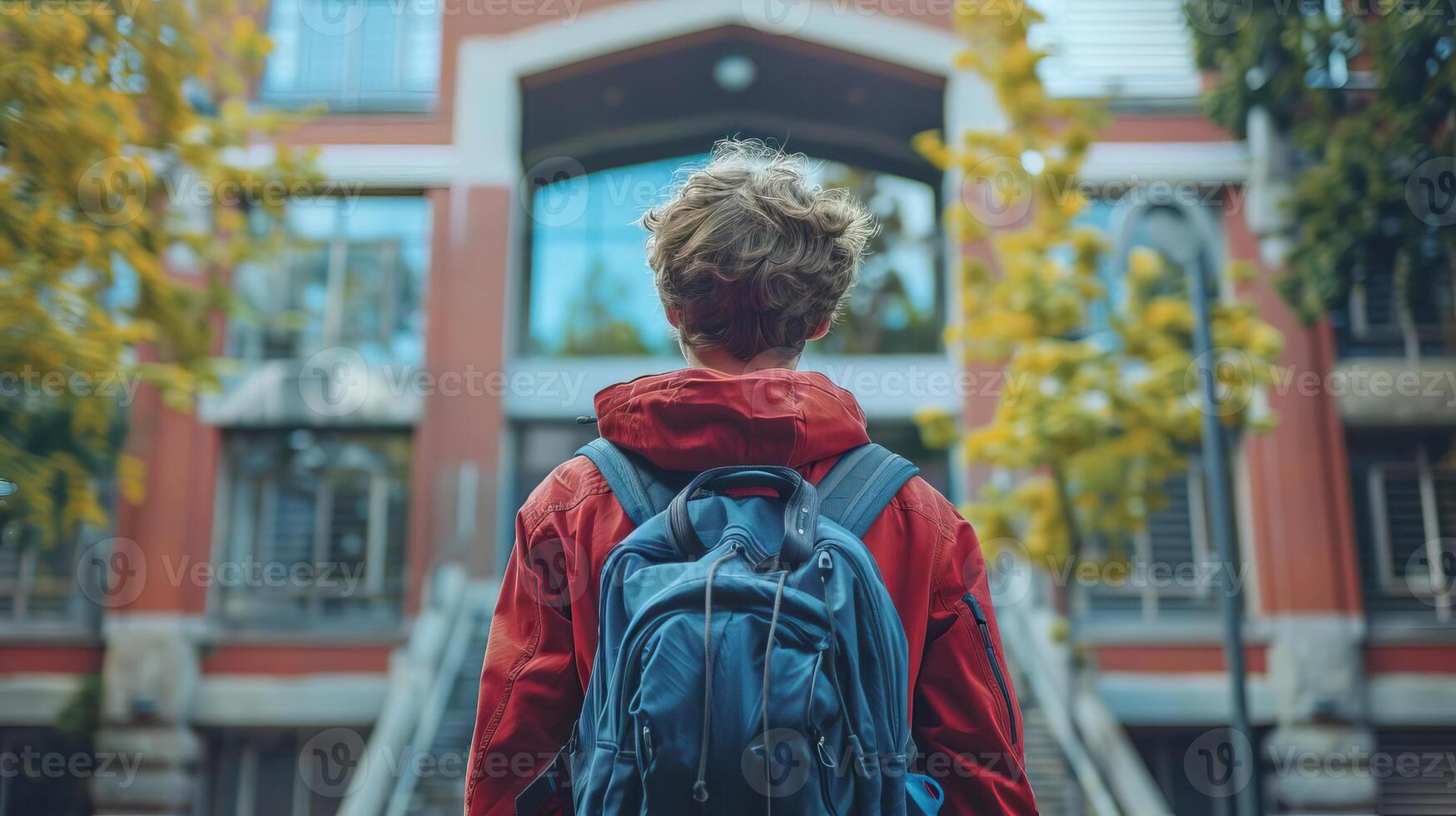 Student making a comeback to campus, back to school concept, editorial advertising photography, vibrant and energetic atmosphere, empty copy space for text on side photo