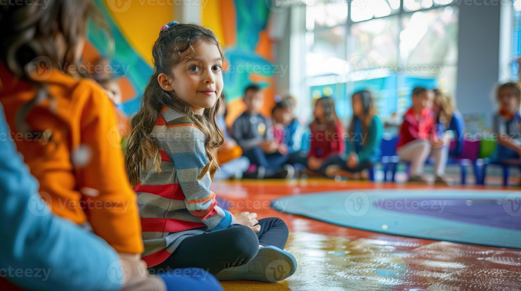 a schoolchild receiving instruction while socializing with peers, in a vibrant educational setting, editorial advertising photography, with empty copy space for text on the side photo