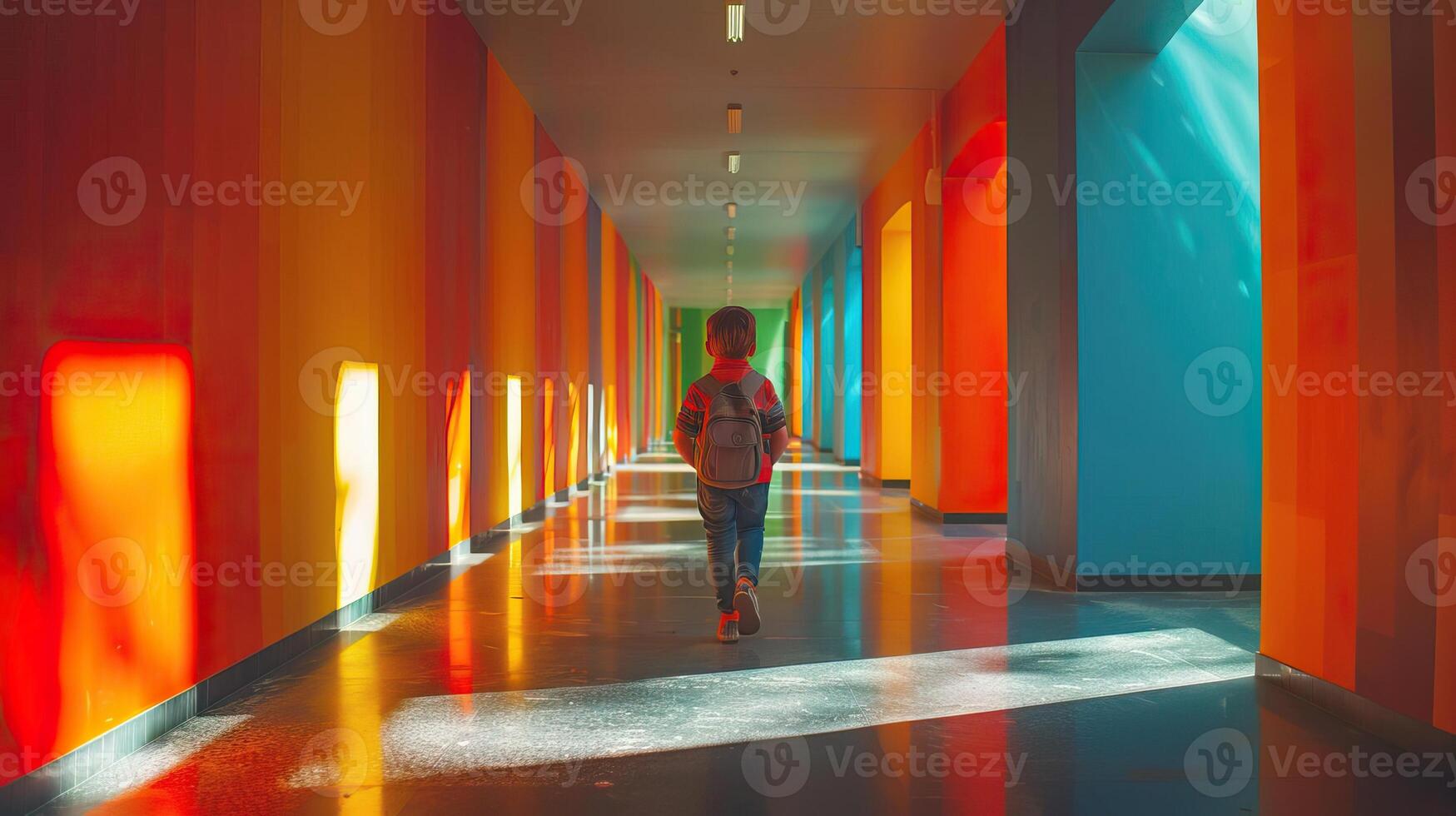 Education concept with a schoolchild coming home, editorial advertising photography, vibrant and welcoming environment, empty copy space for text on side photo