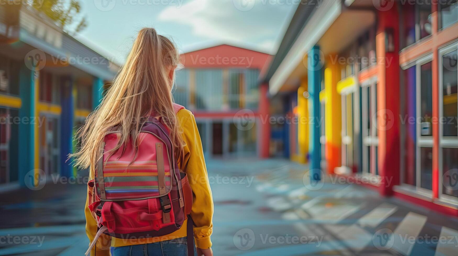 Editorial advertising photography of a schoolchild returning home, education theme, bright and cheerful setting, empty copy space for text on side photo