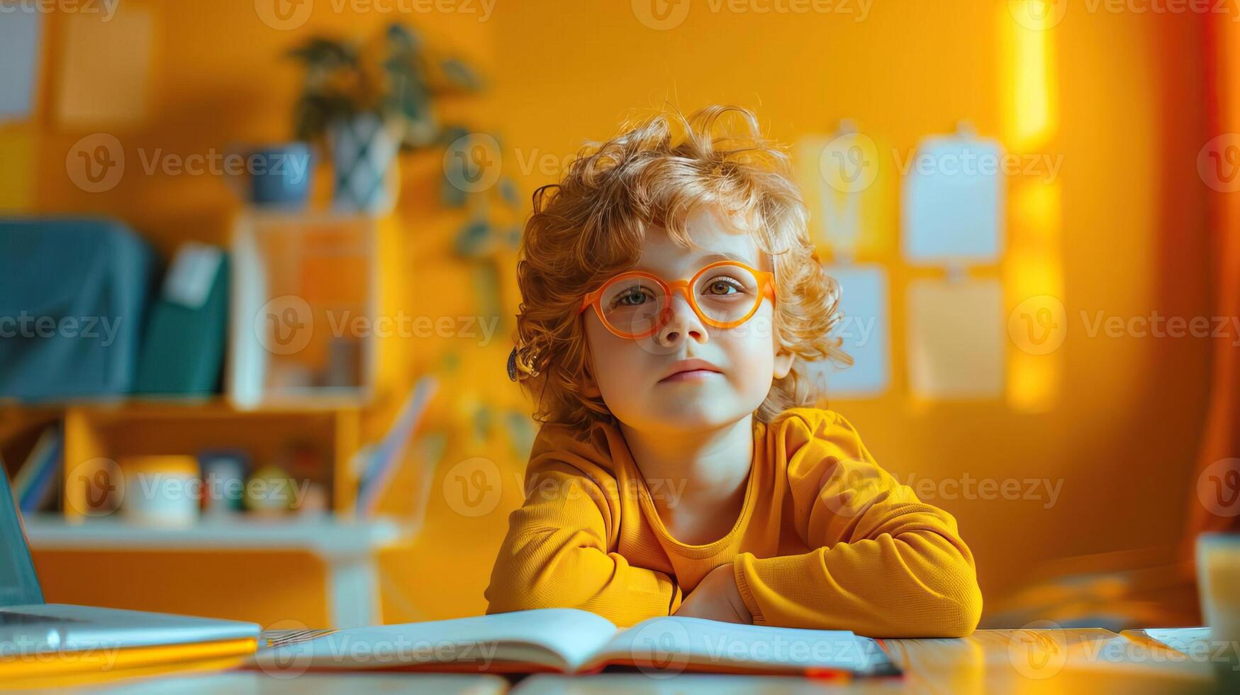 Editorial advertising photography of a kid studying at a desk, education theme, bright and engaging environment, empty copy space for text on side photo