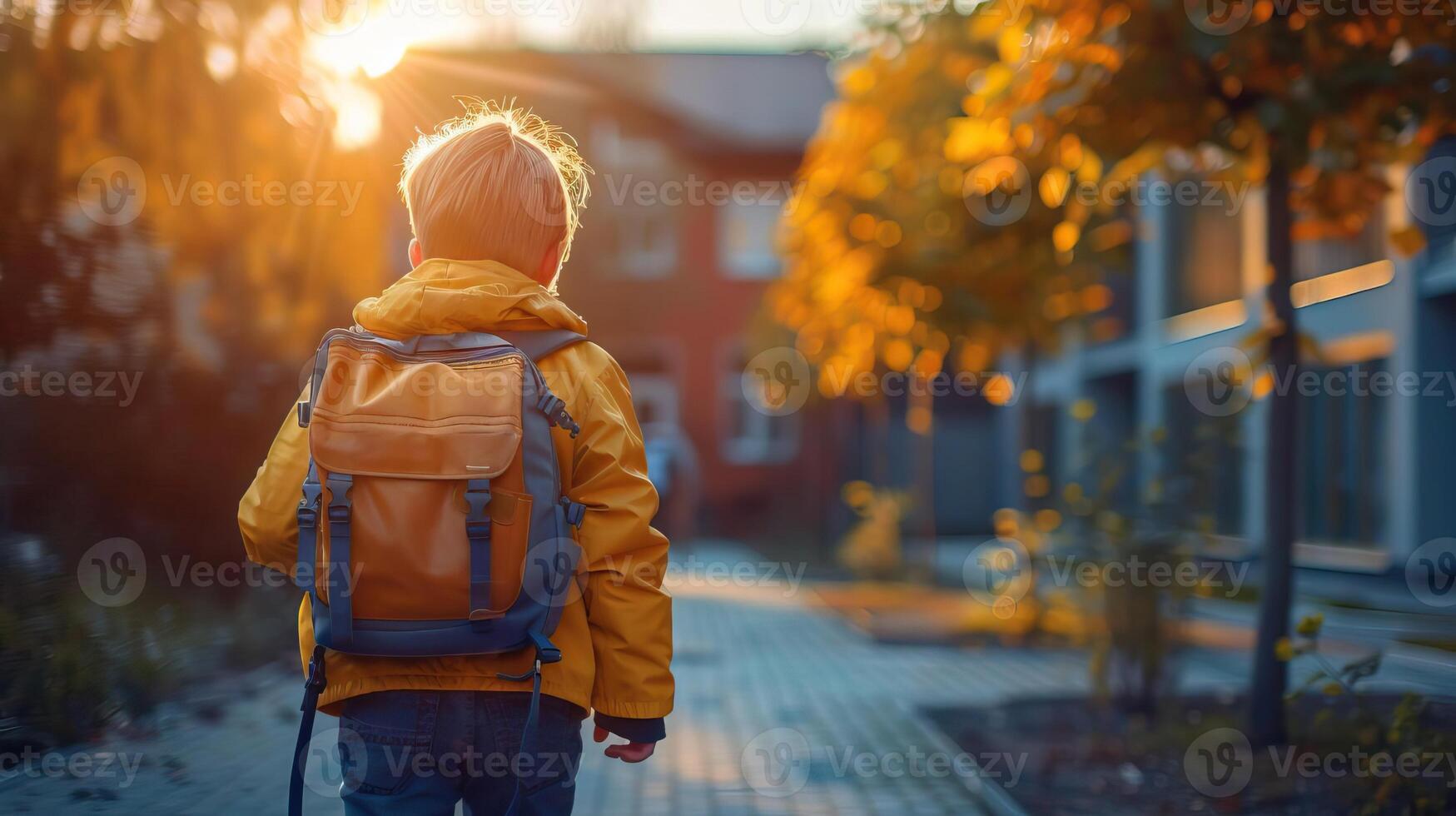 Editorial advertising photography of a schoolchild returning home, education theme, bright and cheerful setting, empty copy space for text on side photo