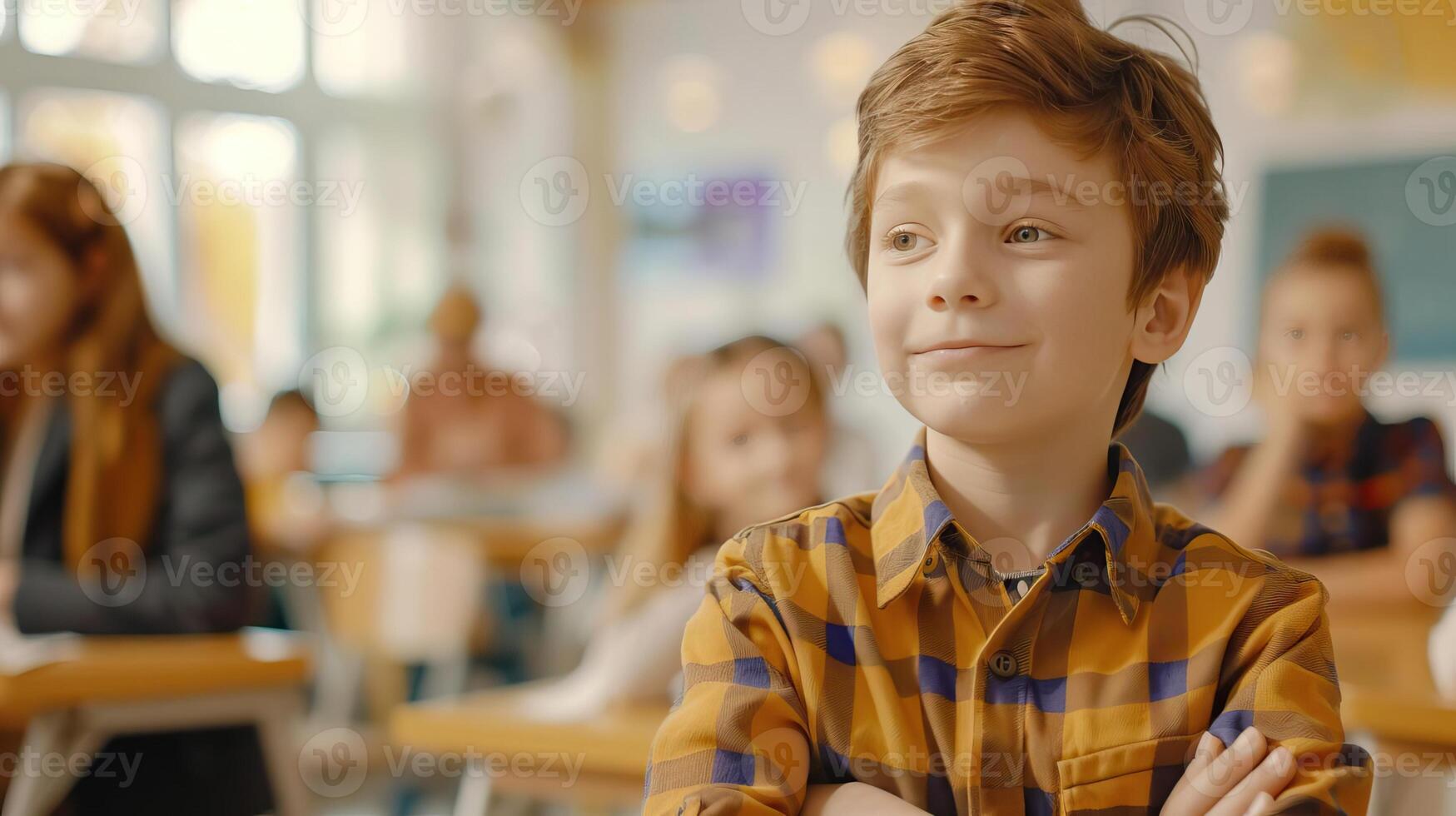 a schoolchild interacting with friends and learning, in a bright educational environment, perfect for editorial advertising, with empty copy space on the side photo